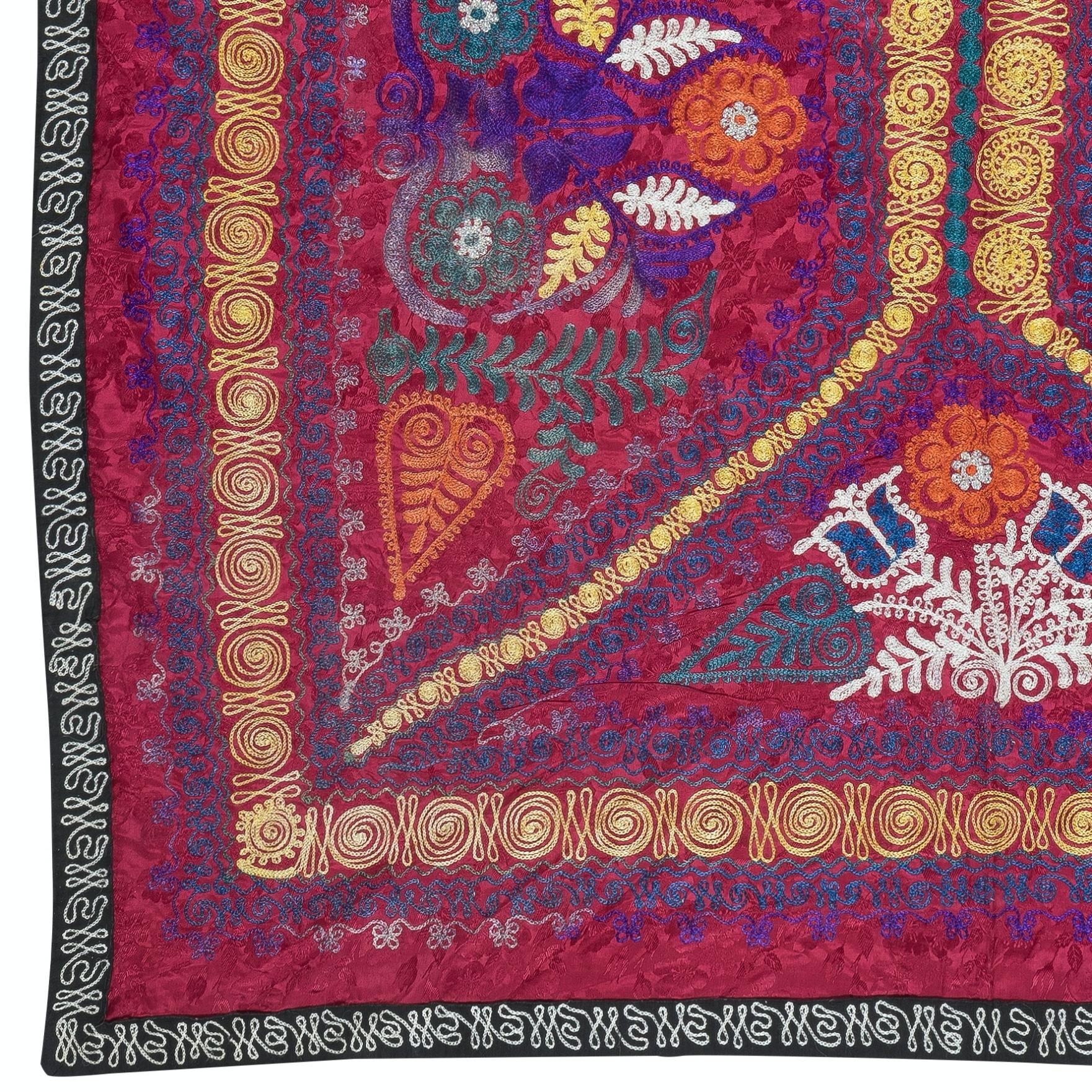 Central Asian 4.6x5.8 Ft Embroidered Silk & Cotton Wall Hanging. Red Bed Cover. New Tablecloth For Sale