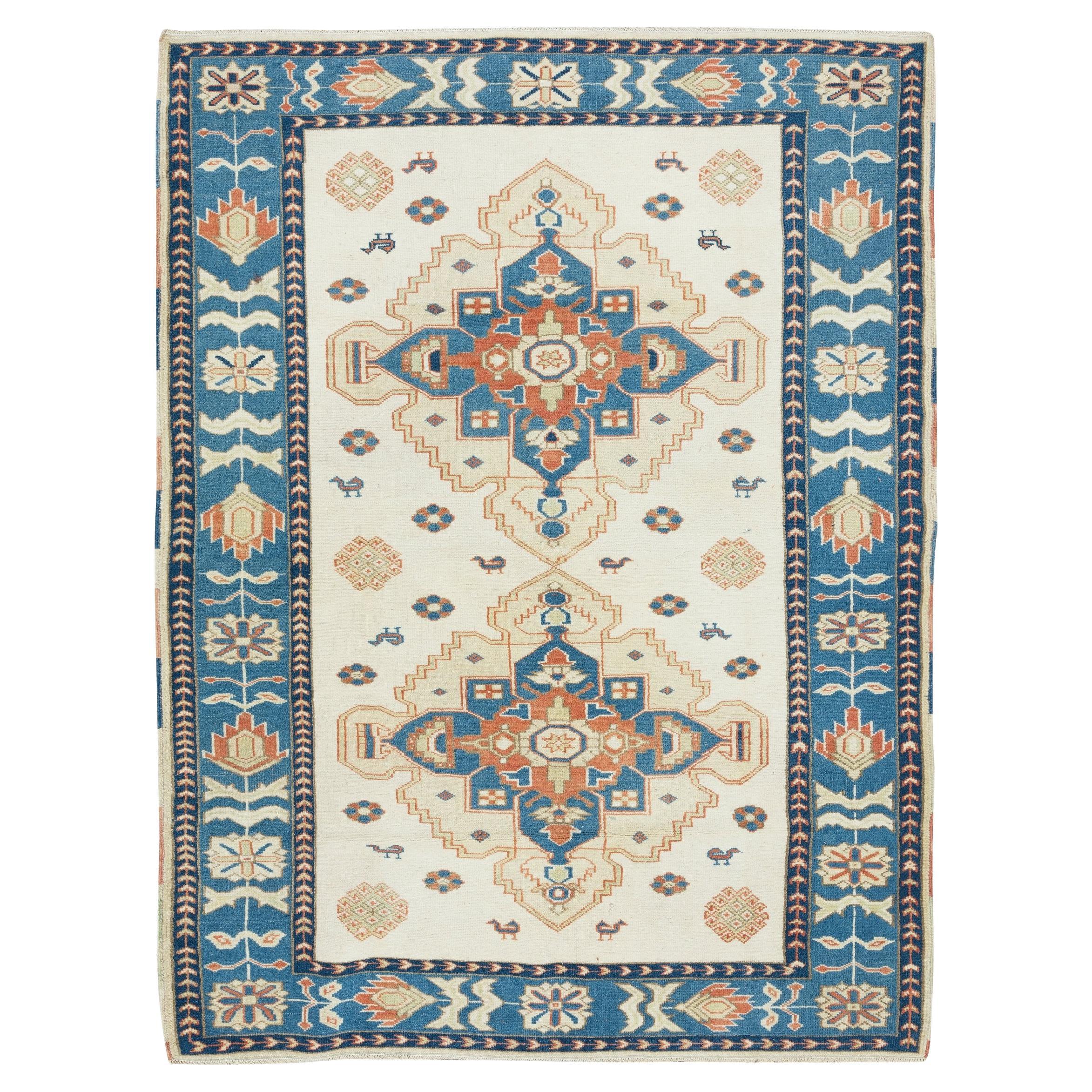 4.6x6.3 Ft Vintage Turkish Wool Rug, Geometric Handmade Carpet in Beige and Blue