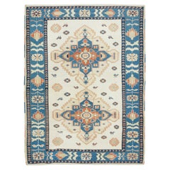 4.6x6.3 Ft Vintage Turkish Wool Rug, Geometric Handmade Carpet in Beige and Blue