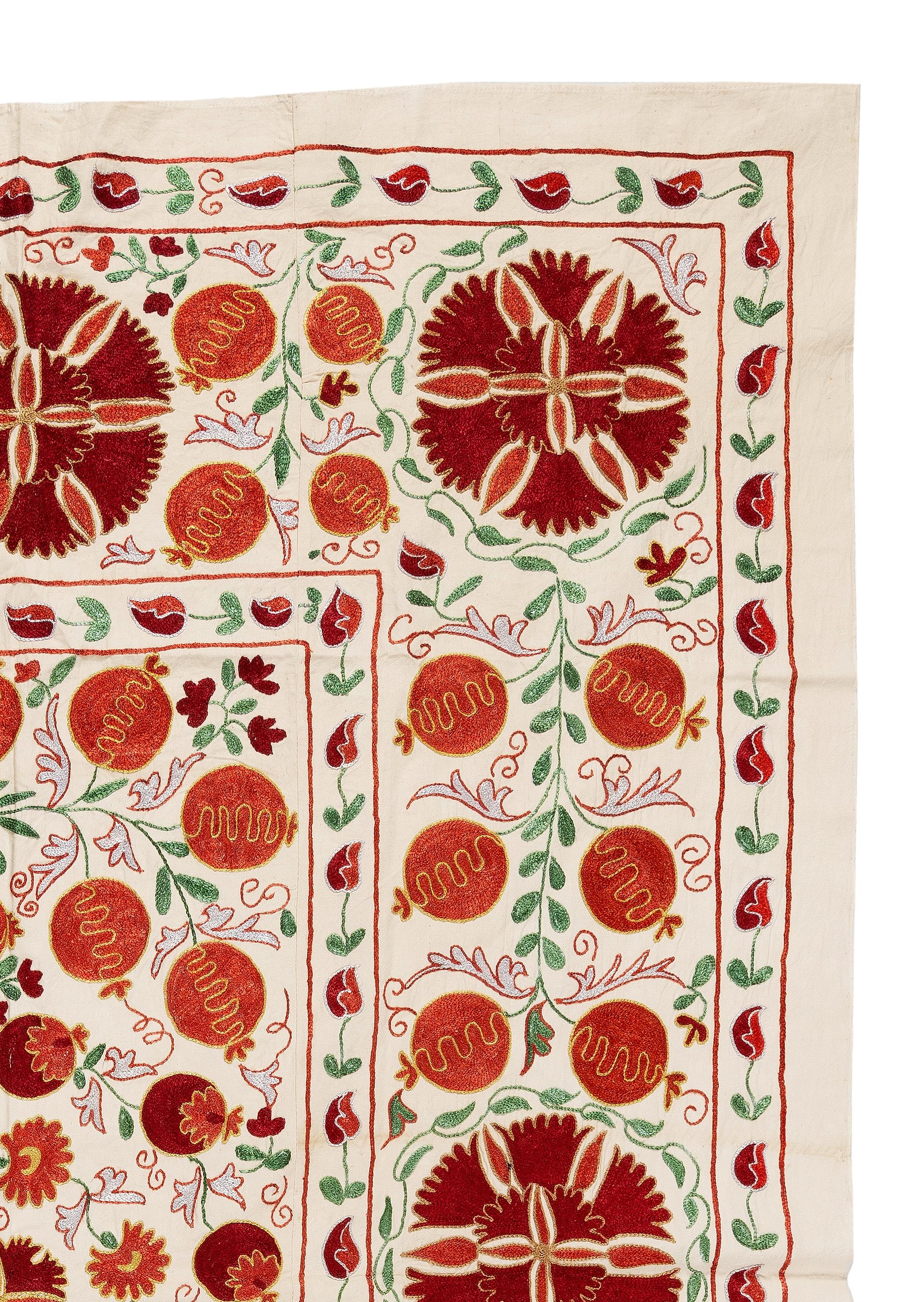 Embroidered 4.6x6.3 Ft Silk Embroidery Wall Hanging, Modern Table Cover, Suzani Bedspread For Sale