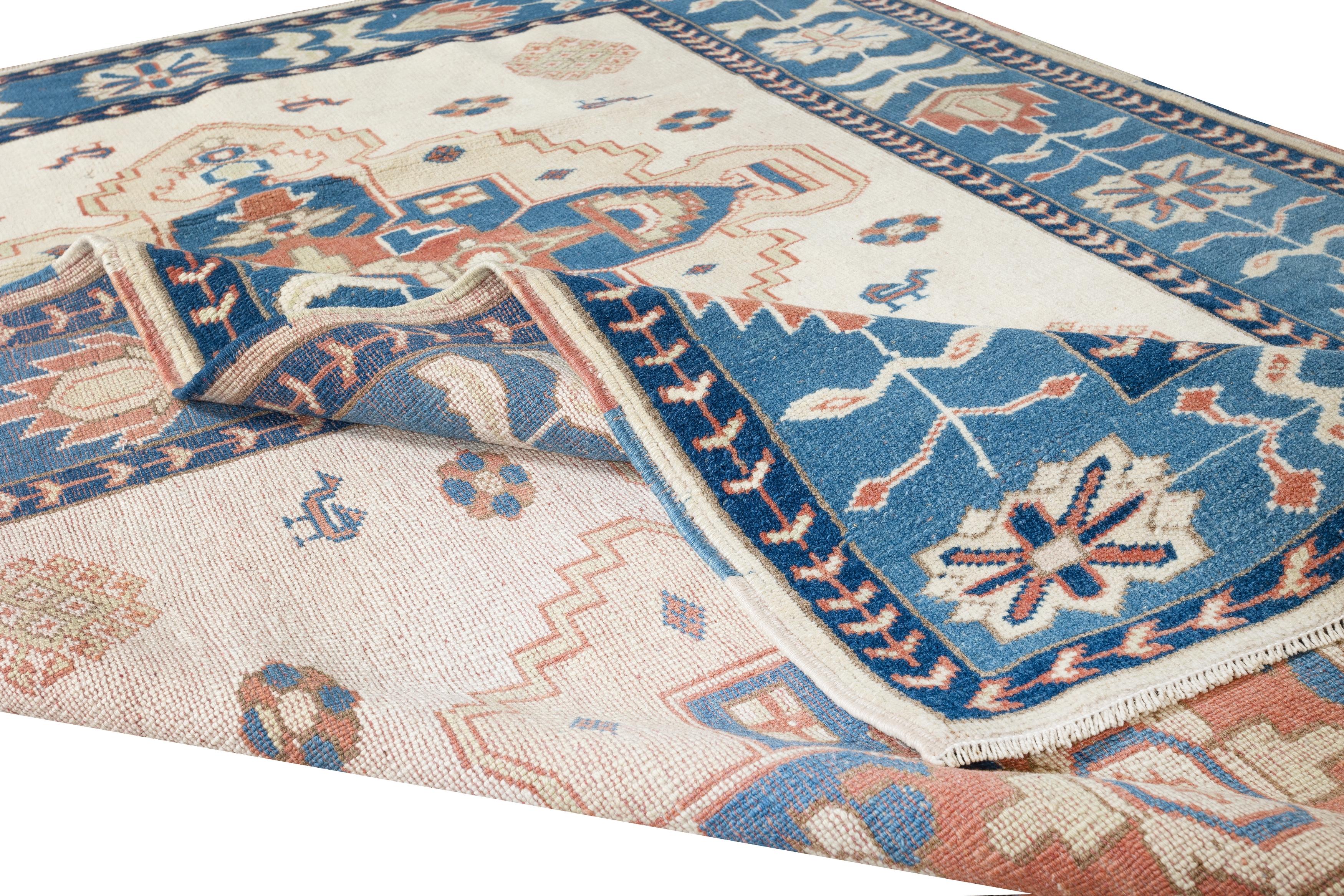 A hand-knotted contemporary Turkish rug featuring a geometric design. 

This modern rug has even medium wool pile on wool foundation.

 It is made of premium hand-spun sheep and natural dyes, ie. plant based non chemical dyes making it sought after,