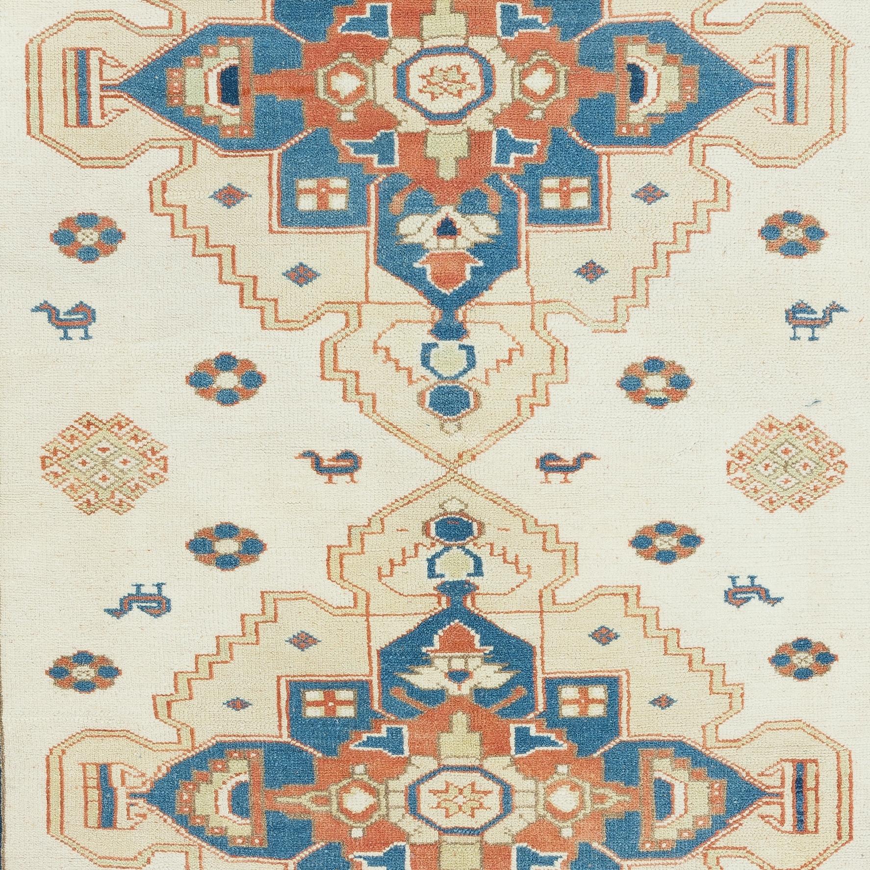 Hand-Knotted 4.6x6.3 Ft New Turkish Wool Rug, Handmade Geometric Carpet in Beige and Blue For Sale