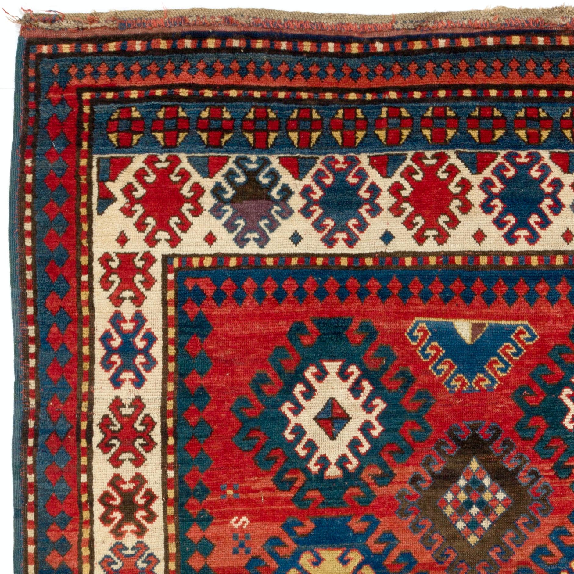 Tribal 4.6x6.5 Ft Antique Caucasian Kazak Rug. circa 1860. Original Good Condition For Sale