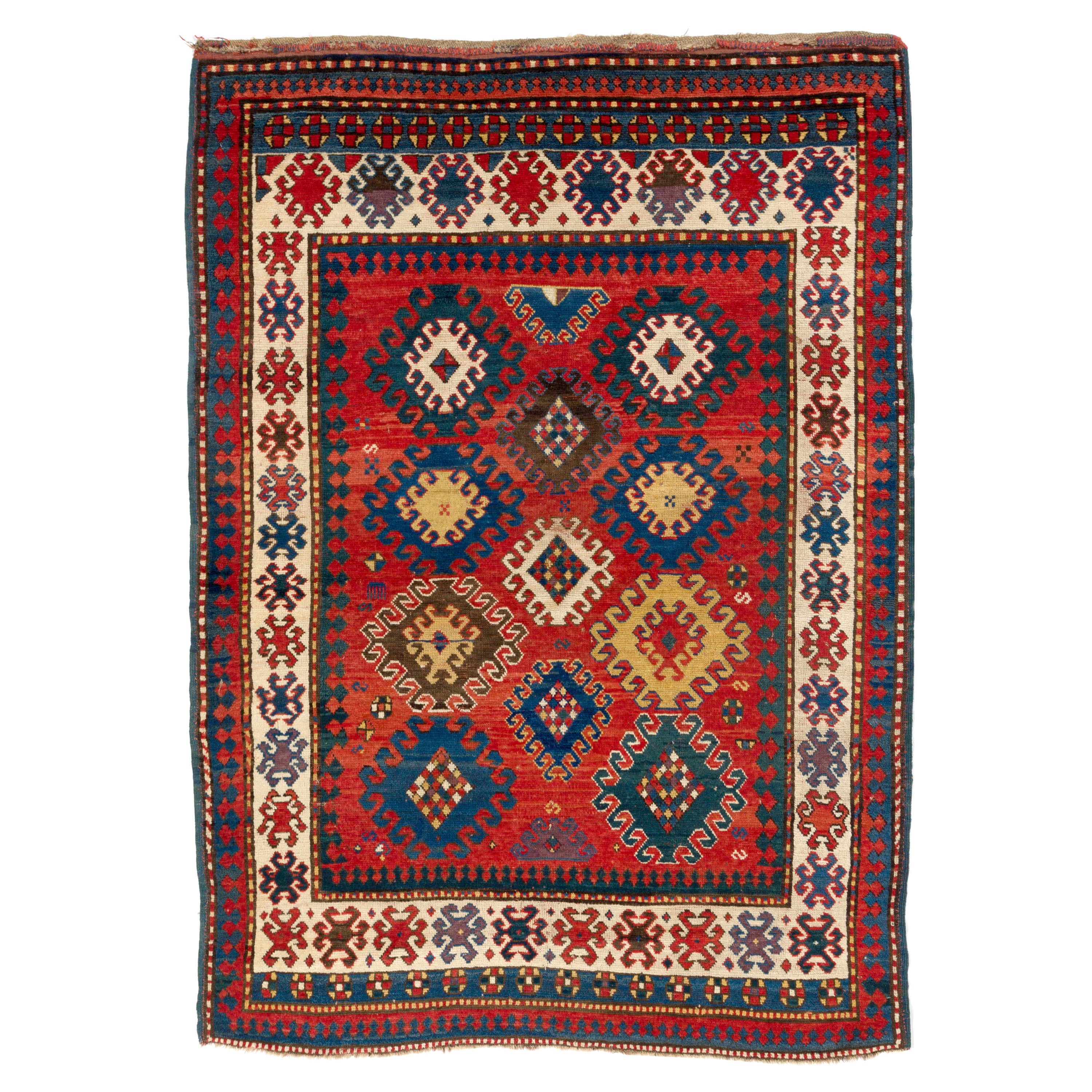 Alfombra antigua caucásica kazaka de 4,6x6,5 pies. circa 1860. Original Buen estado