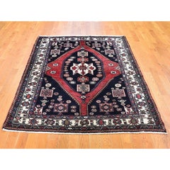 4'6"x6'6" Navy Blue New Zoroastrian Mazlagan Pure Wool Hand Knotted Oriental Rug