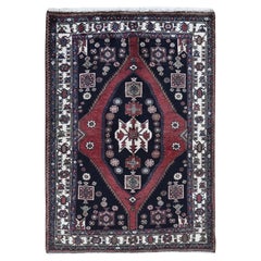 4'6"x6'6" Navy Blue New Zoroastrian Mazlagan Pure Wool Hand Knotted Oriental Rug