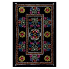 4.6x6.7 Ft Suzani Wall Hanging, Embroidered Bed Cover, Black Blanket, Silk Throw