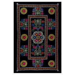 4,6x6,7 Ft Suzani Wall Hanging, Copriletto ricamato, Coperta nera, Lancio di seta