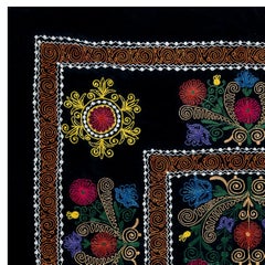 4.6x6.8 Ft Silk Embroidery Wall Hanging. Black Vintage Throw. Floral Tablecloth