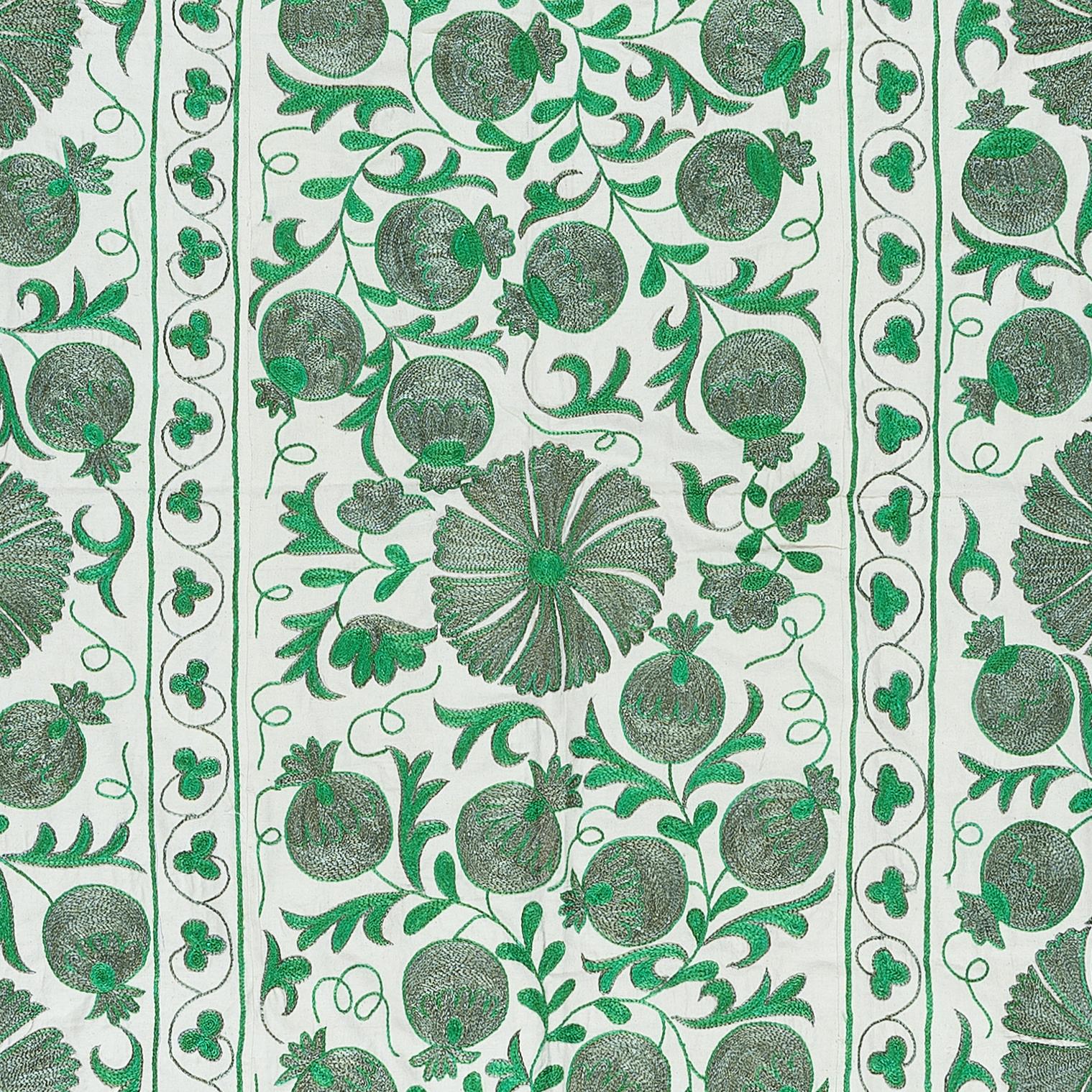 Suzani 4.6x6.8 Ft Silk Embroidery Wall Hanging, Green & Cream Bedspread, Uzbek Tapesry For Sale