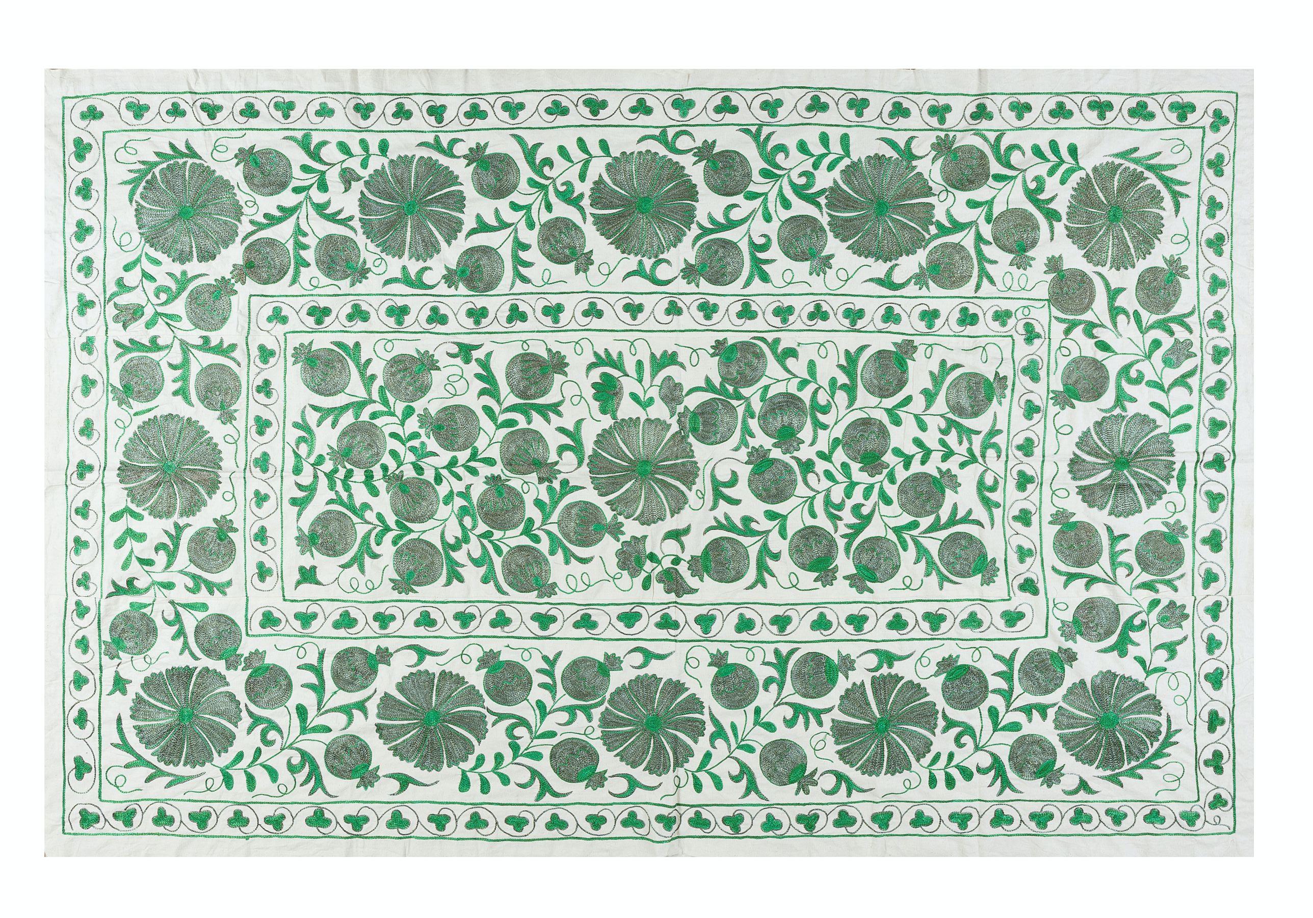 Cotton 4.6x6.8 Ft Silk Hand Embroidered Uzbek Suzani Wall Hanging in Green and Cream For Sale