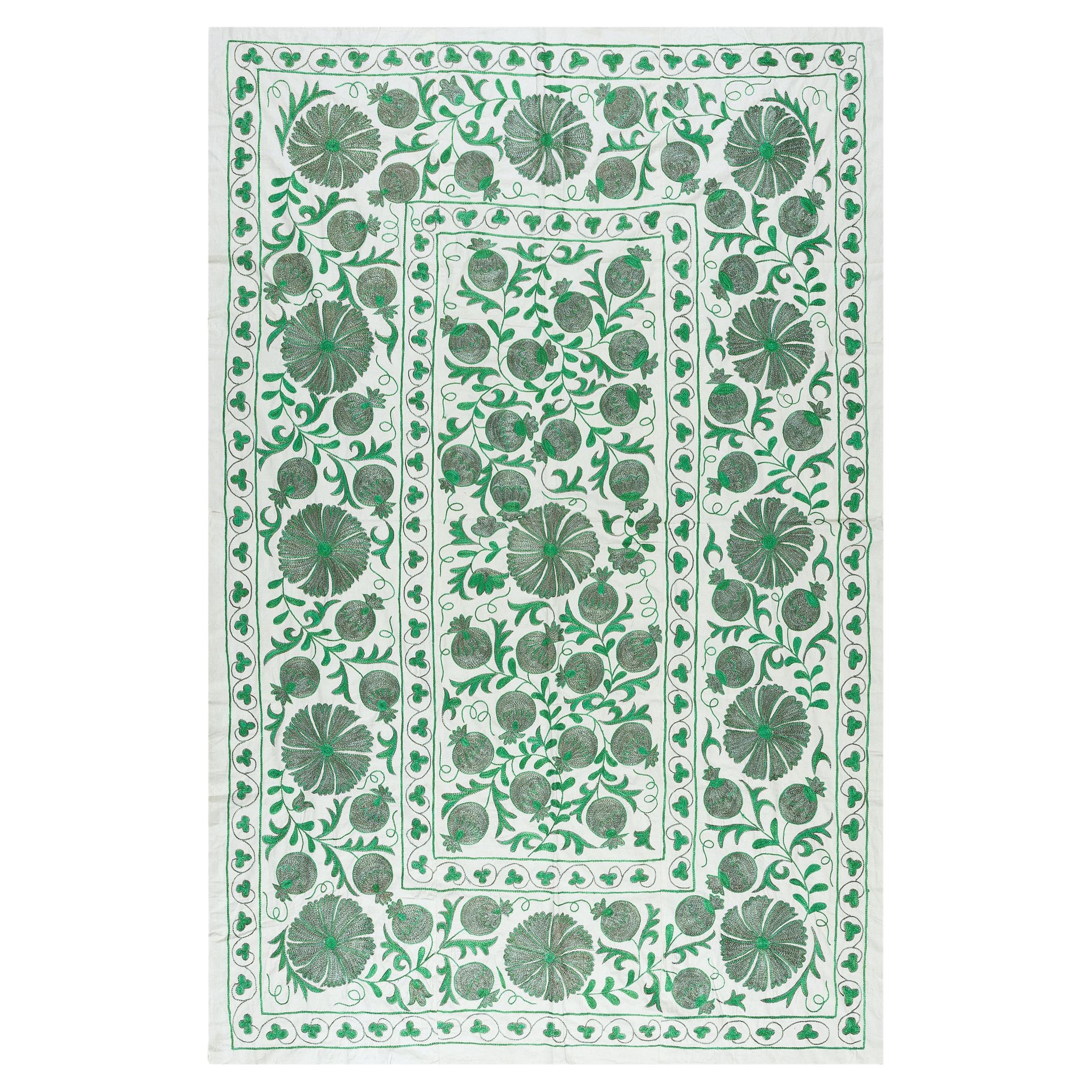 4.6x6.8 Ft Silk Hand Embroidered Uzbek Suzani Wall Hanging in Green and Cream For Sale