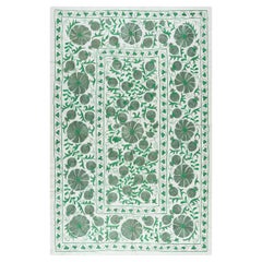 4.6x6.8 Ft Silk Hand Embroidered Uzbek Suzani Wall Hanging in Green and Cream