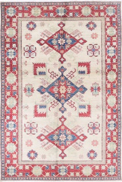 4.6x7 ft Decorative Geometric Wool Area Rug. Hand Knotted Rug for Living Room