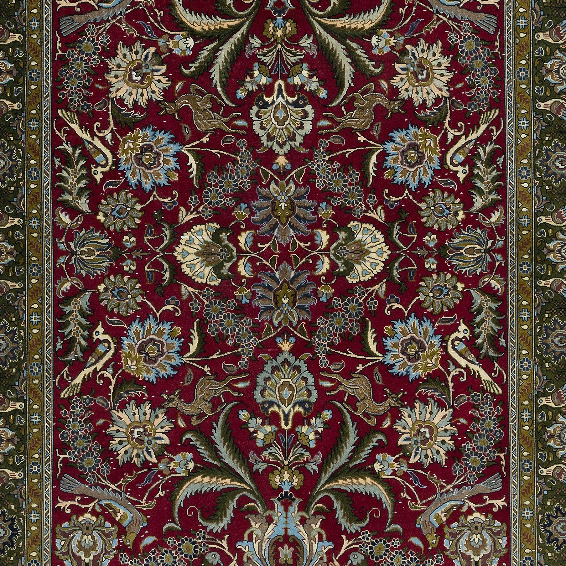 Tessuto a mano Tappeto turco annodato a mano 4.6x7 Ft in rosso e verde con disegno floreale botanico in vendita