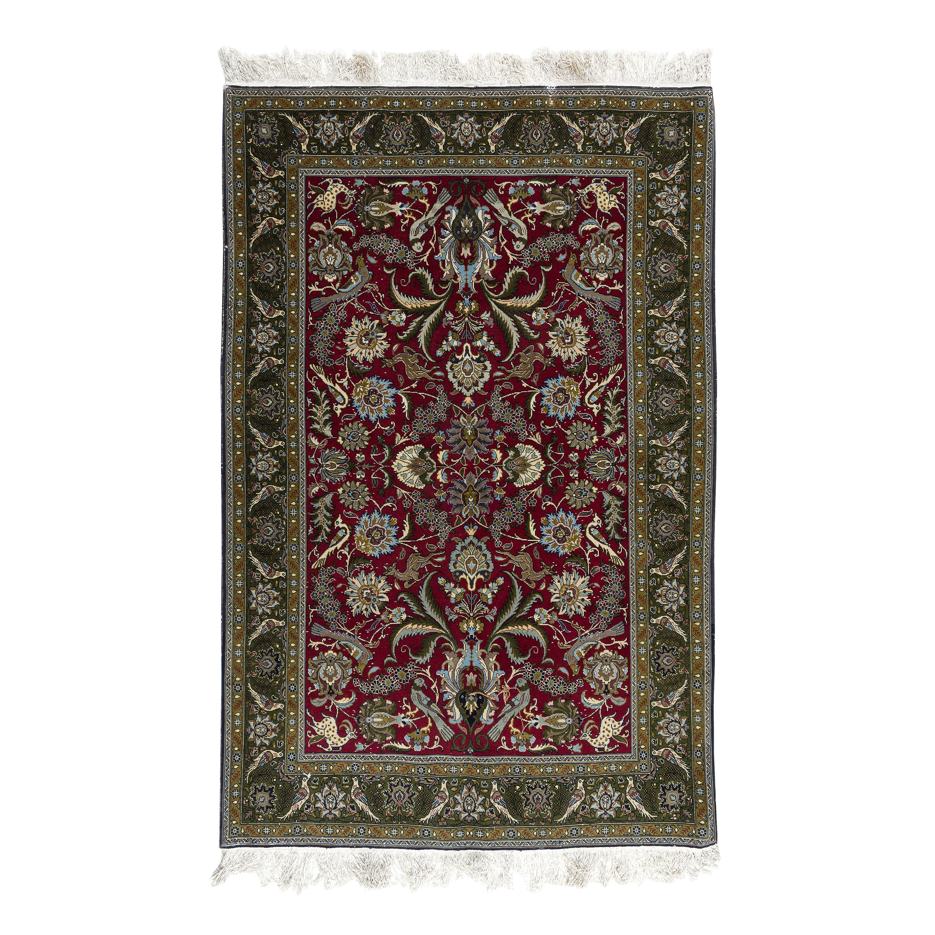 4.6x7 Ft Hand Knotted Turkish Rug in Red & Green with Floral Botanical Design For Sale