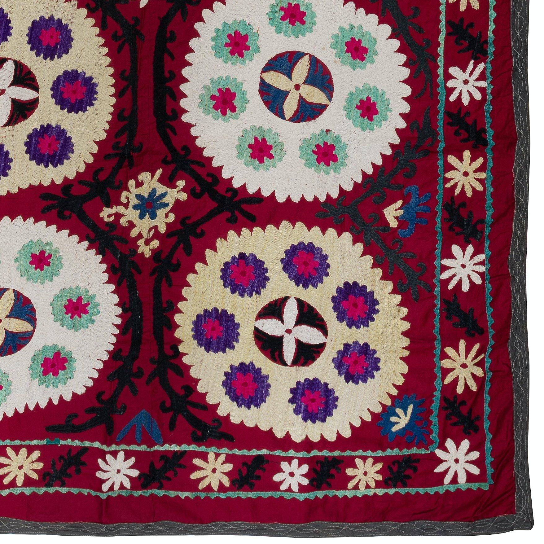 Uzbek 4.6x7 ft Silk Embroidery Wall Hanging, Suzani Bedspread, Old Tablecloth in Red For Sale