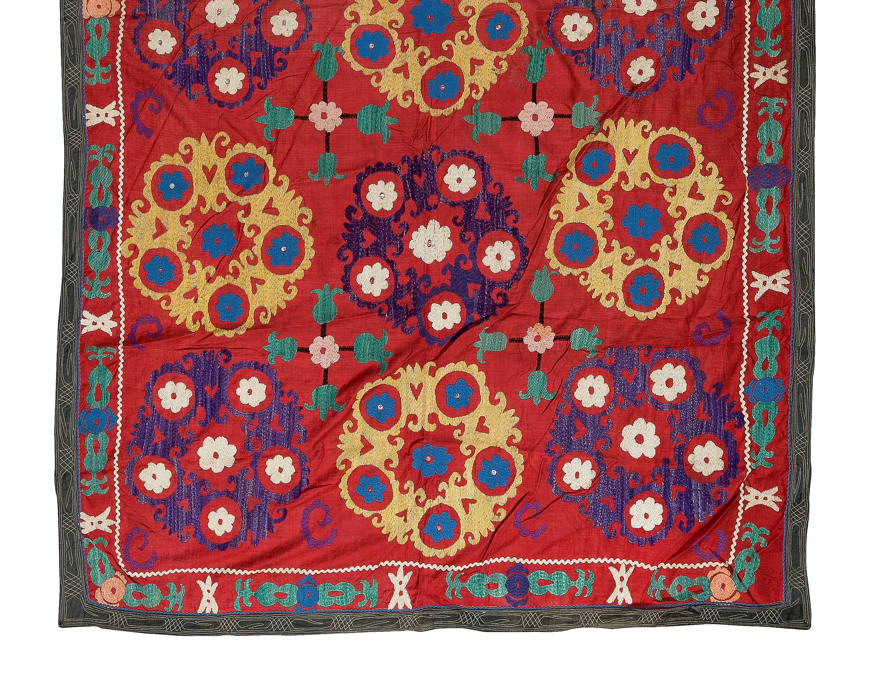 Embroidered 4.6x7 Ft Vintage Silk Embroidery Bed Cover, Uzbek Suzani Wall Hanging in Red For Sale