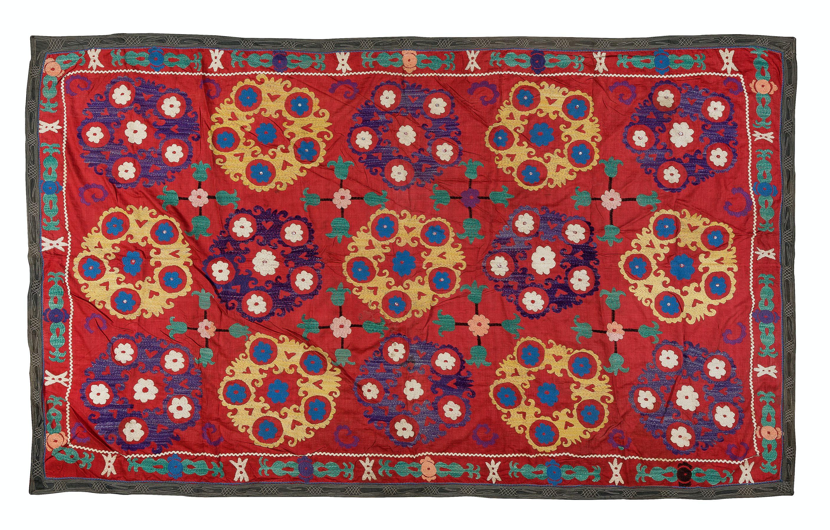 20th Century 4.6x7 Ft Vintage Silk Embroidery Bed Cover, Uzbek Suzani Wall Hanging in Red For Sale