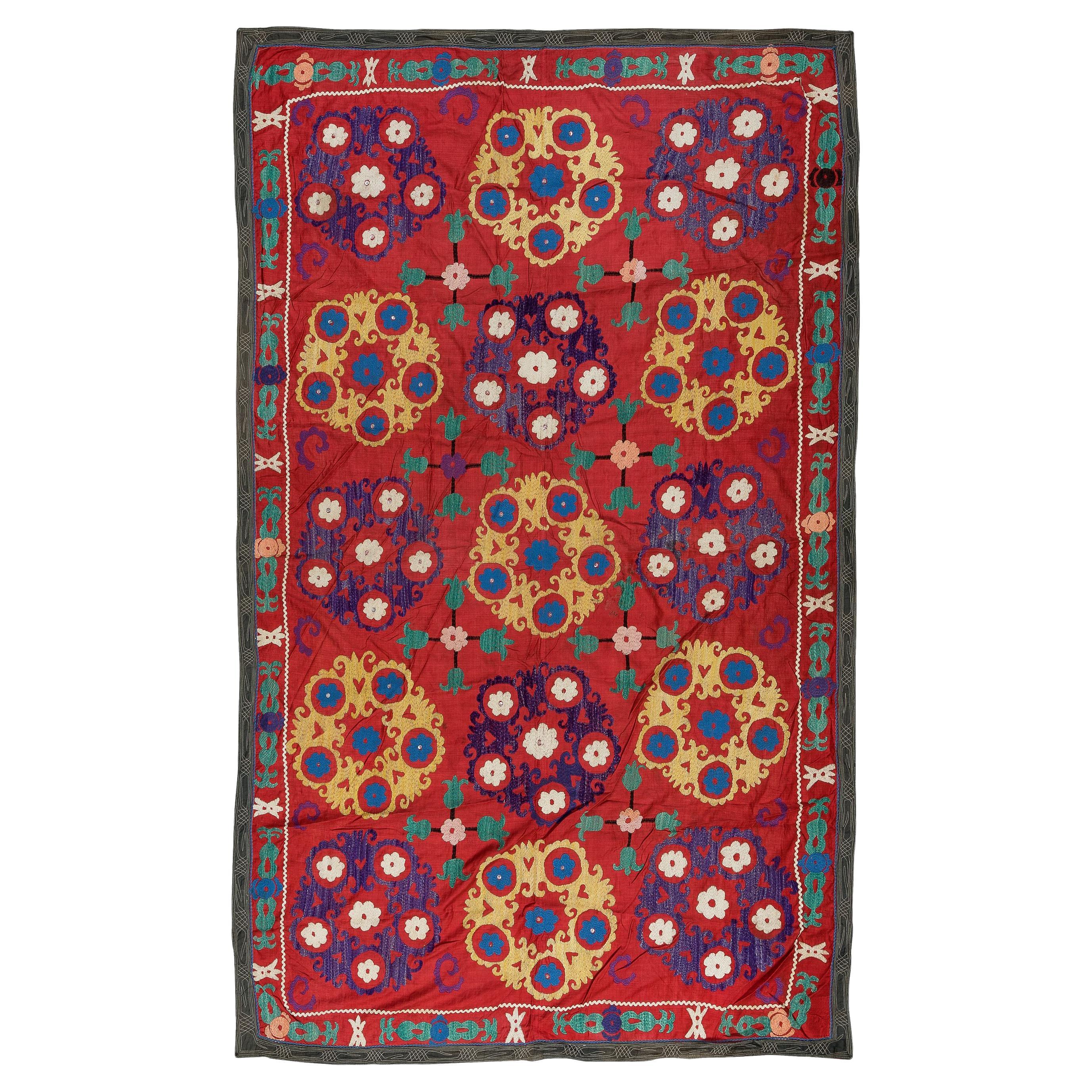 4.6x7 Ft Vintage Silk Embroidery Bed Cover, Uzbek Suzani Wall Hanging in Red For Sale