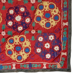 4.6x7 Ft Vintage Silk Embroidery Bed Cover, Uzbek Suzani Wall Hanging, Red Throw