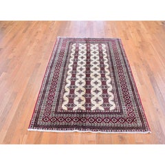 4'6"x7' Ivory New Turkoman Bokara Repetitive Design Hand Knotted Pure Wool Rug