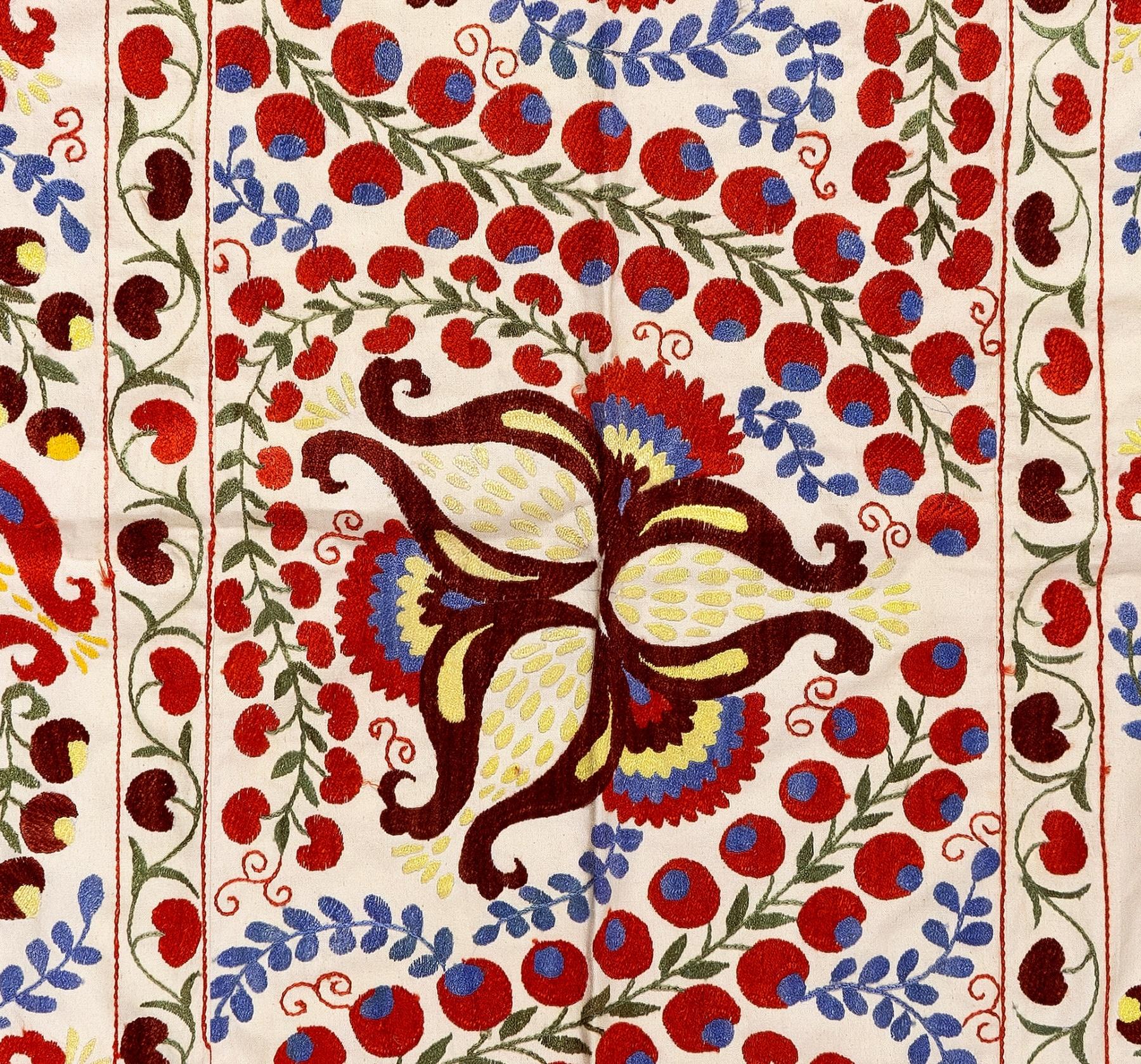 Uzbek 4.6x7.2 ft Colorful Bedspread. Needlework Tapestry. Silk Embroidery Wall Hanging For Sale