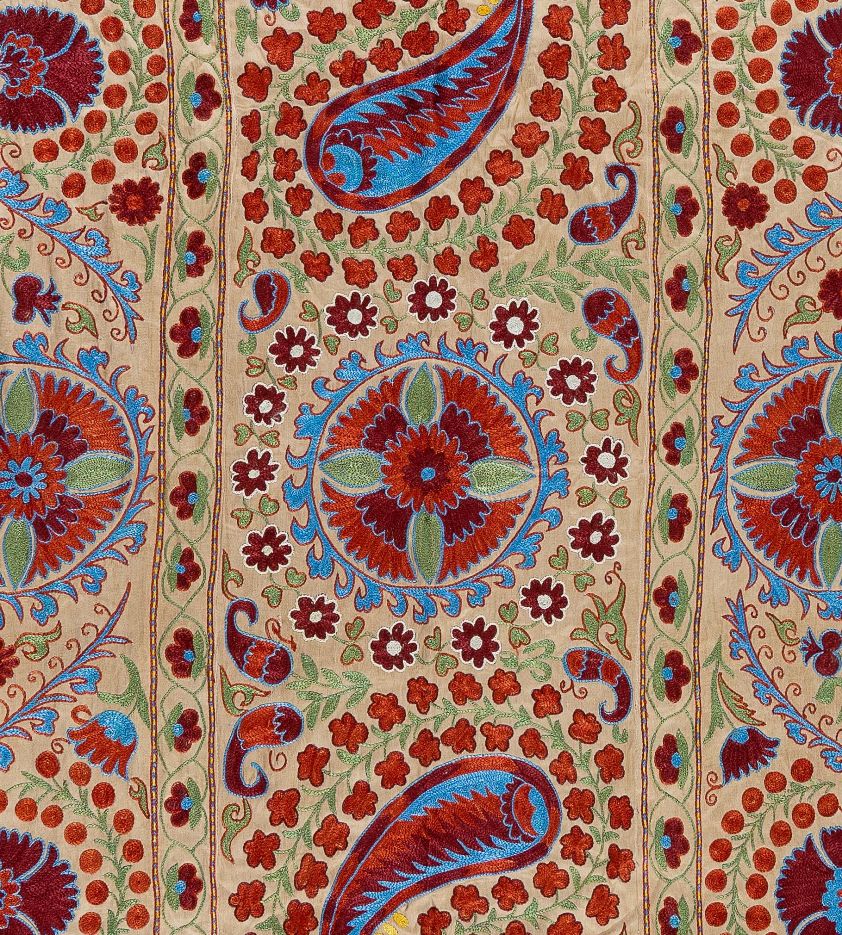 Contemporary Asian / Uzbek Suzani Textile, Embroidered Cotton & Silk Wall Hanging