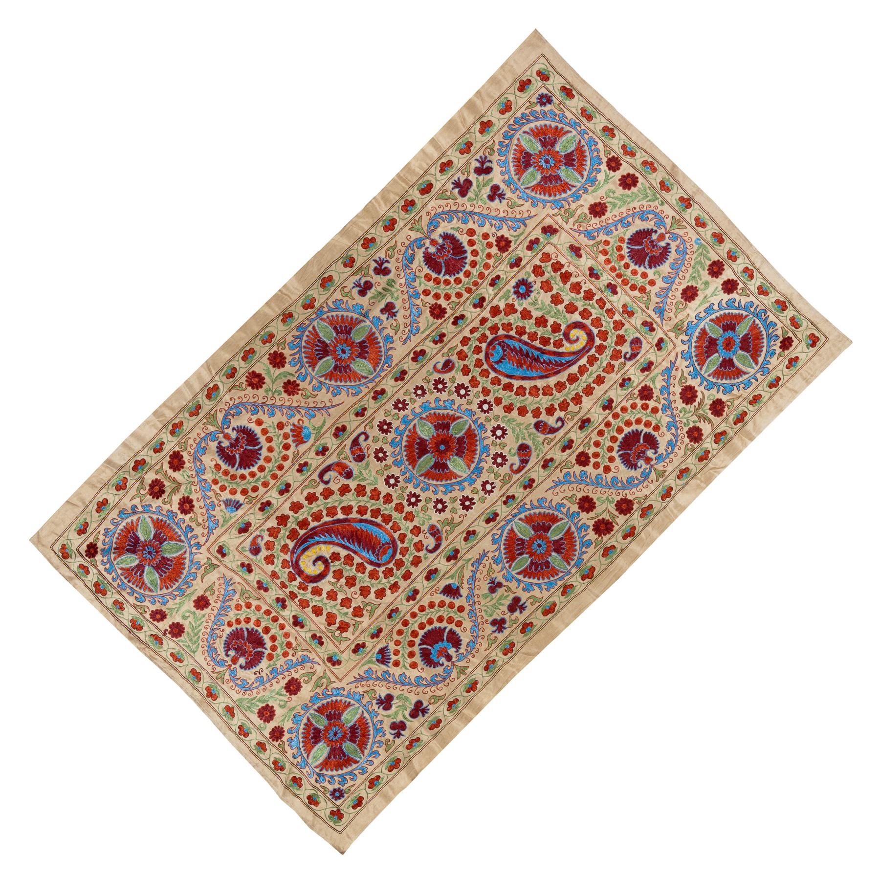 Asian / Uzbek Suzani Textile, Embroidered Cotton & Silk Wall Hanging 1