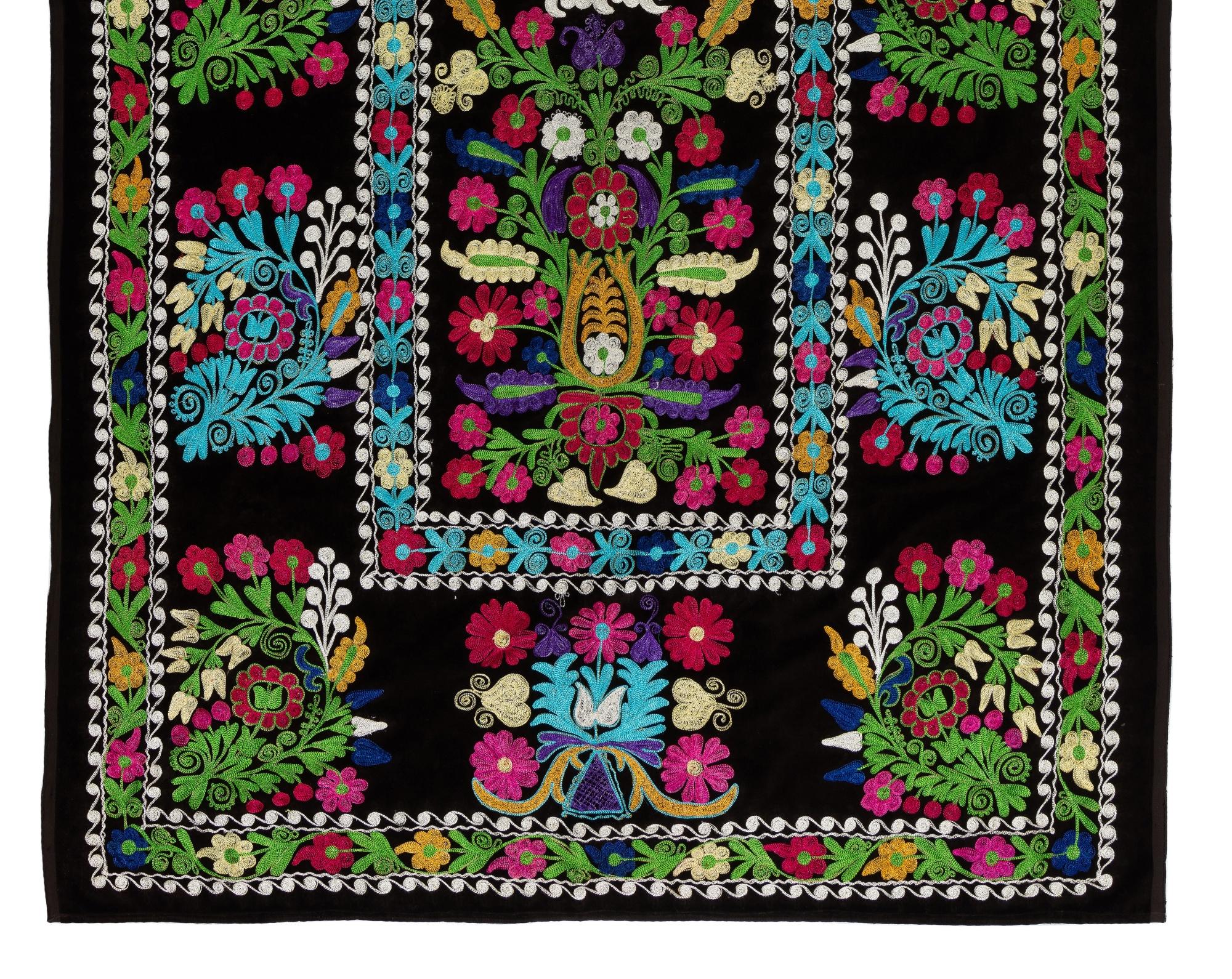 Uzbek Vintage Silk Hand Embroidered Suzani Wall Hanging with Floral Design For Sale