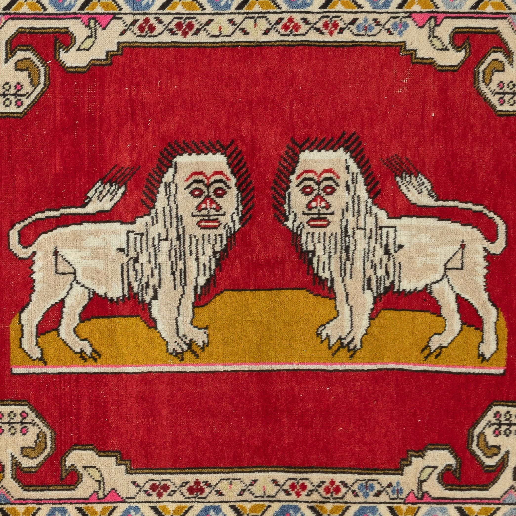 4.6x7.4 Ft Vintage Handmade Lion Bildmuster Teppich, rot Wandteppich, 100% Wolle (Türkisch) im Angebot