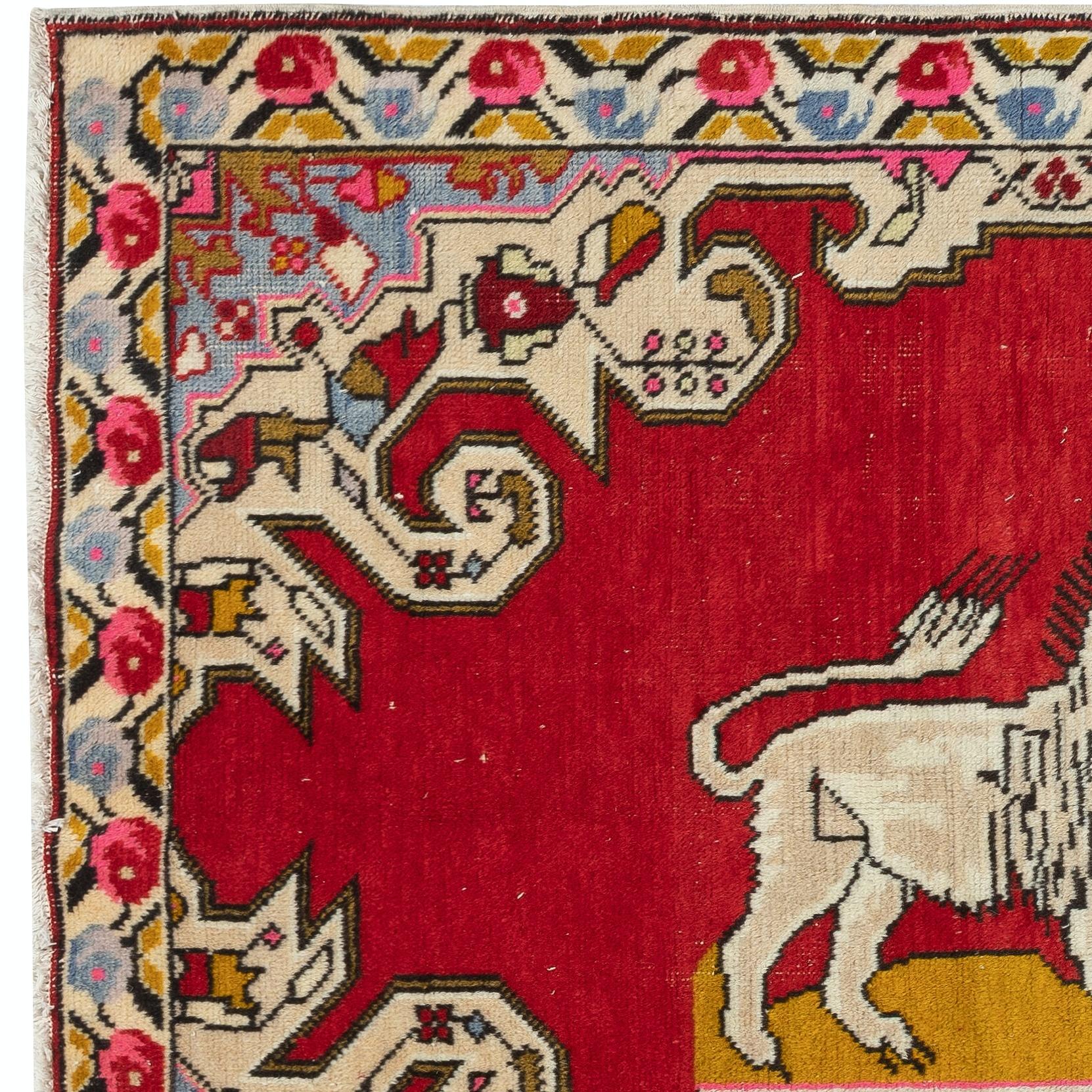 4.6x7.4 Ft Vintage Handmade Lion Bildmuster Teppich, rot Wandteppich, 100% Wolle (Handgeknüpft) im Angebot