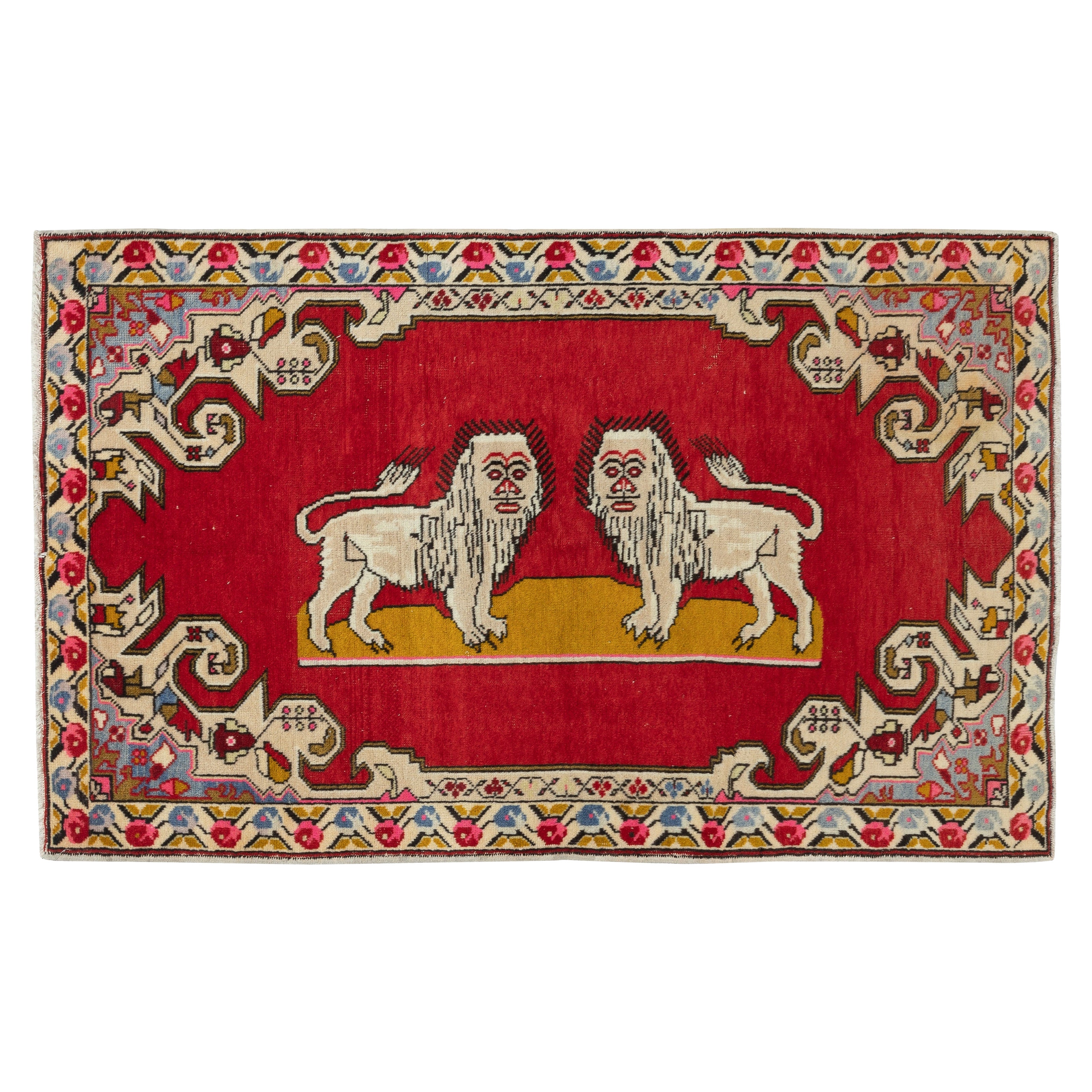 Tappeto vintage fatto a mano con motivo pittorico del leone, arazzo rosso, 100% lana