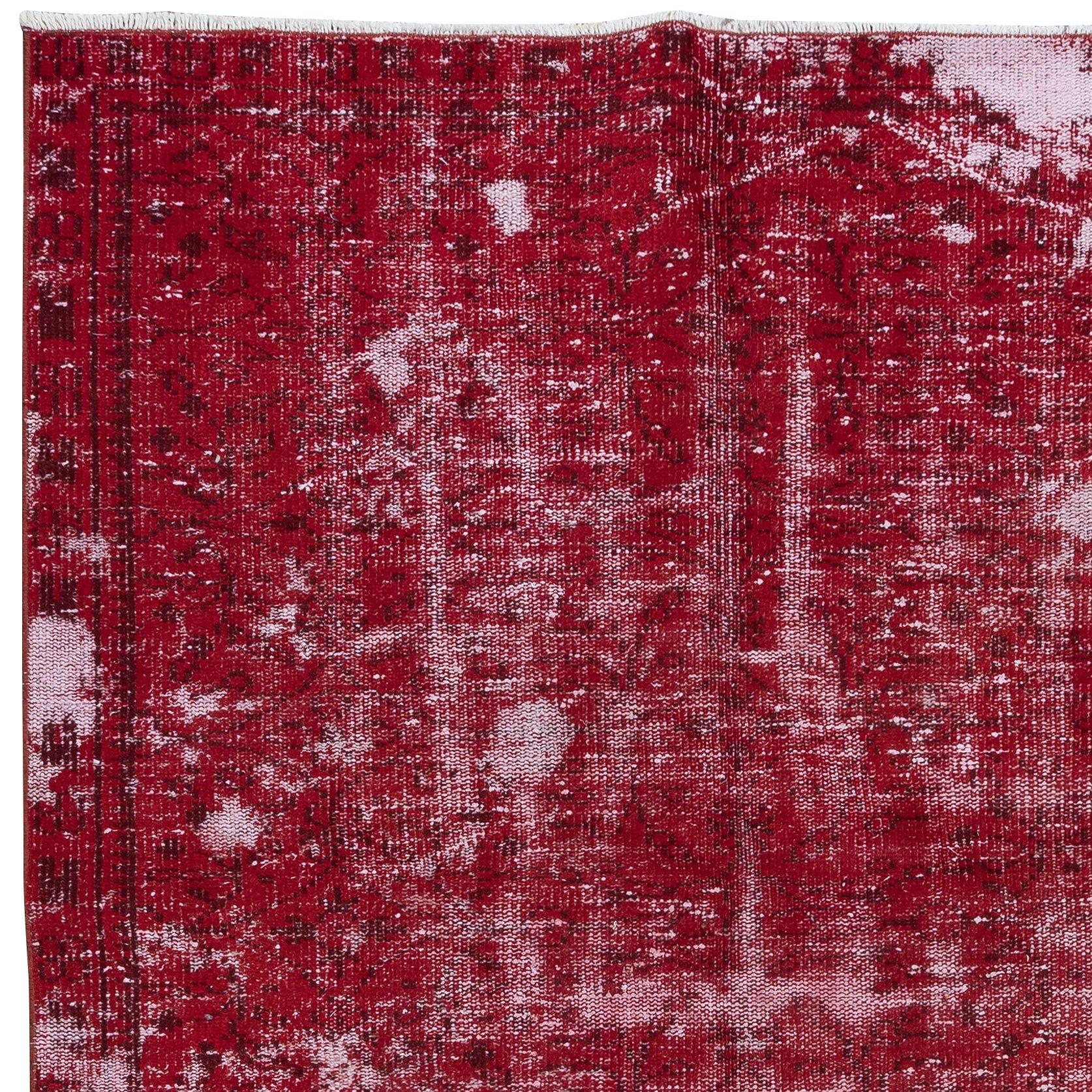 Hand-Knotted 4.6x7.7 Ft Contemporary Handmade Turkish Red Area Rug with Shabby Chic Style For Sale