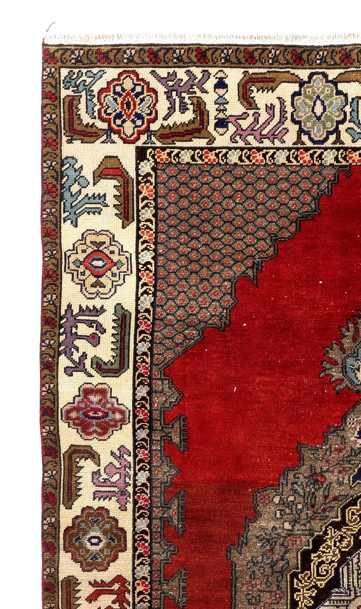 Hand-Knotted Midcentury Anatolian Village Area Rug, Wool Hand Knotted Carpet in Red For Sale