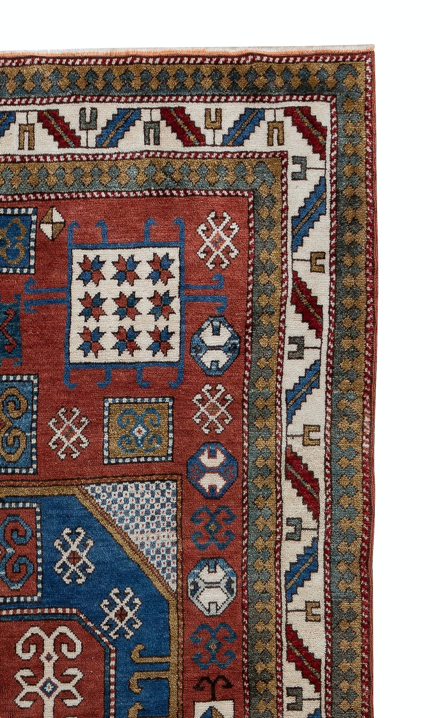 4,6x8 Ft Brandneuer handgeknüpfter kaukasischer Kazak-Teppich aus Wolle (Kaukasisch) im Angebot