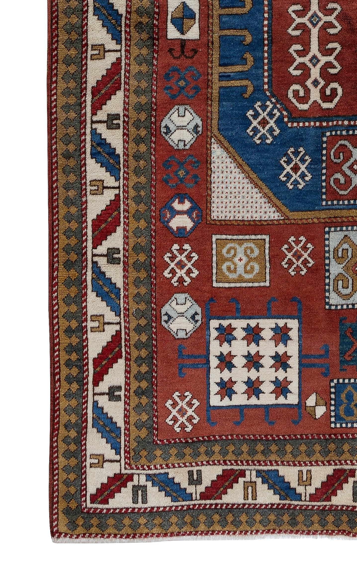 4,6x8 Ft Brandneuer handgeknüpfter kaukasischer Kazak-Teppich aus Wolle (Handgeknüpft) im Angebot