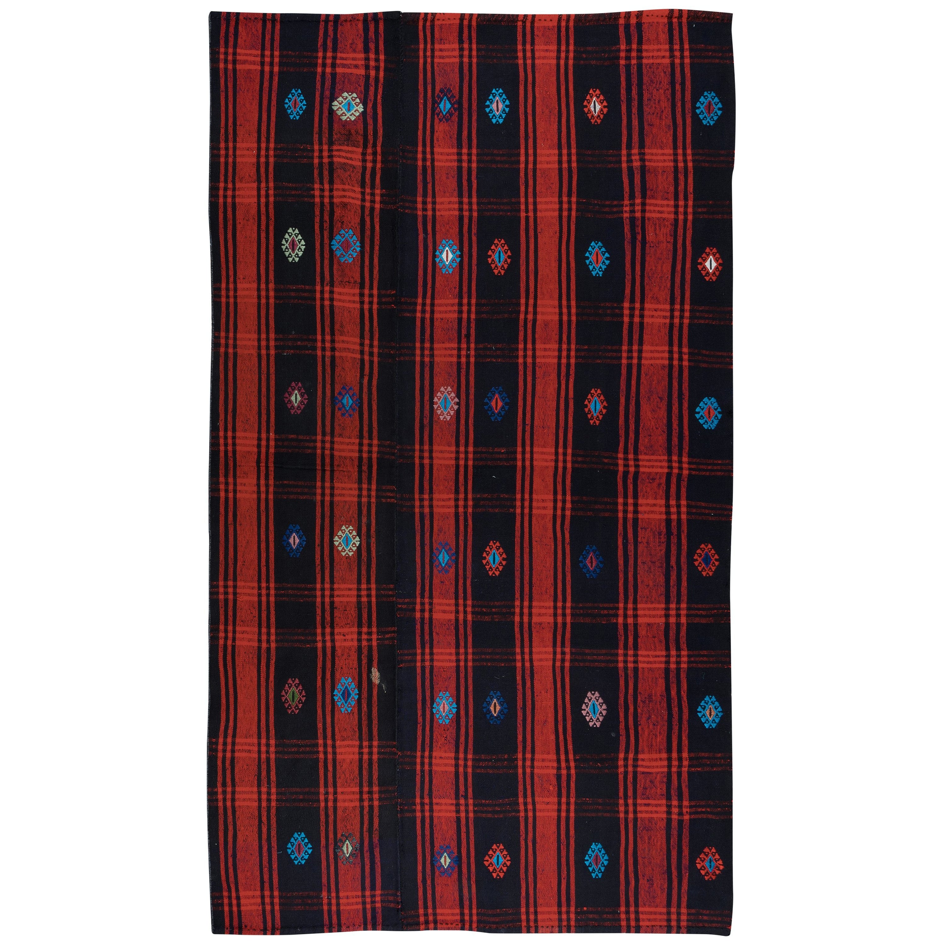 4,6x8 Ft handgewebter Vintage-Kelim-Teppich, Anatolischer Teppich in Rot, Marineblau & Schwarz im Angebot