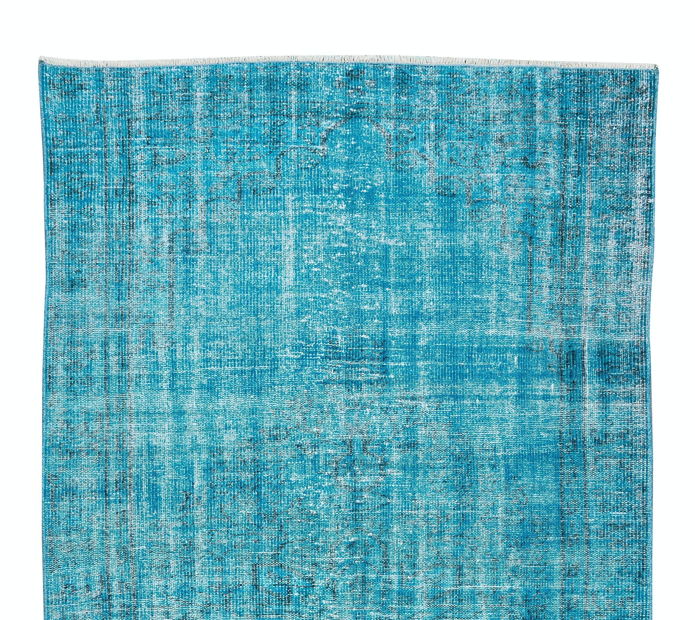 Turkish Central Anatolian Vintage Accent Rug in Teal Blue, Handmade Carpet For Sale