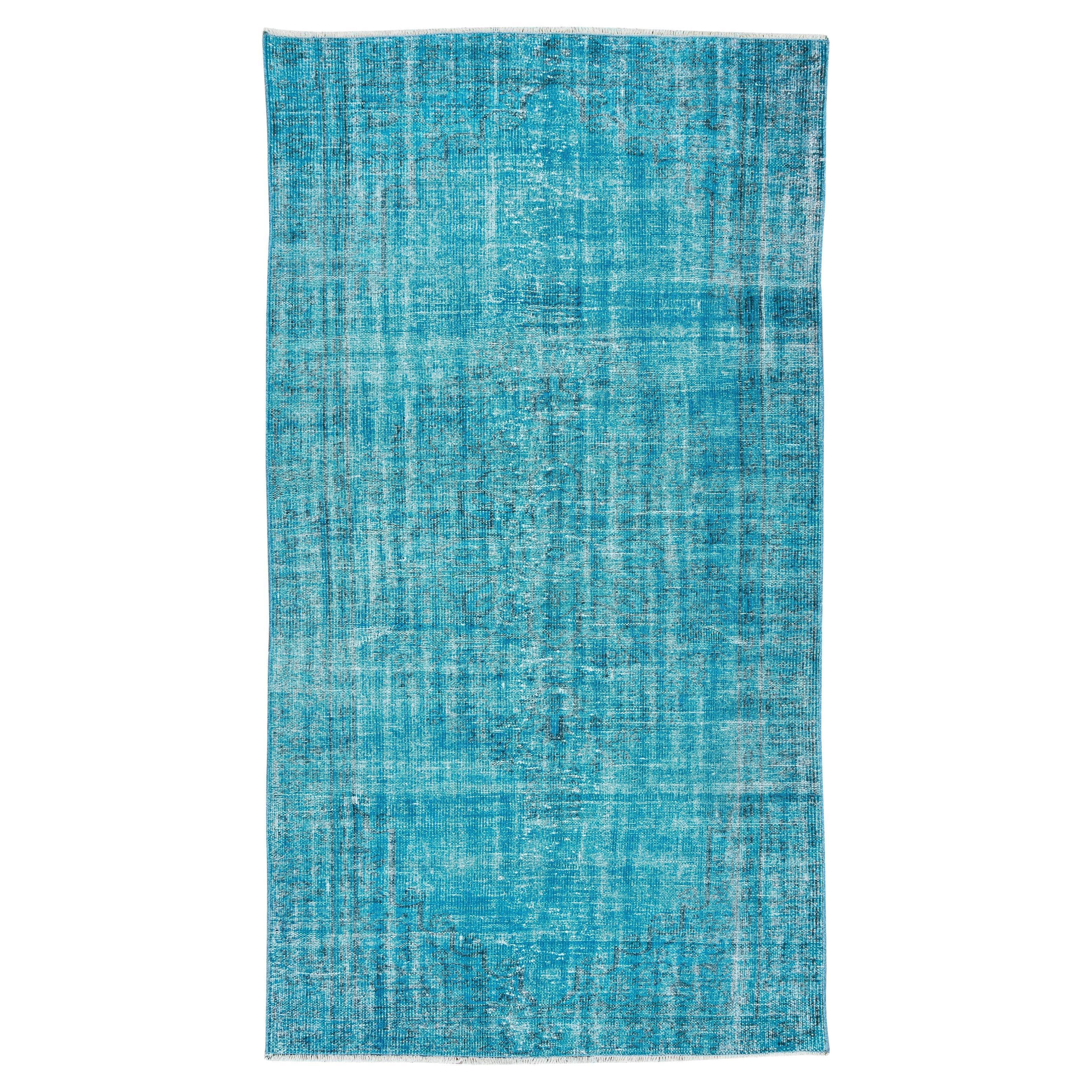 Central Anatolian Vintage Accent Rug in Teal Blue, Handmade Carpet For Sale