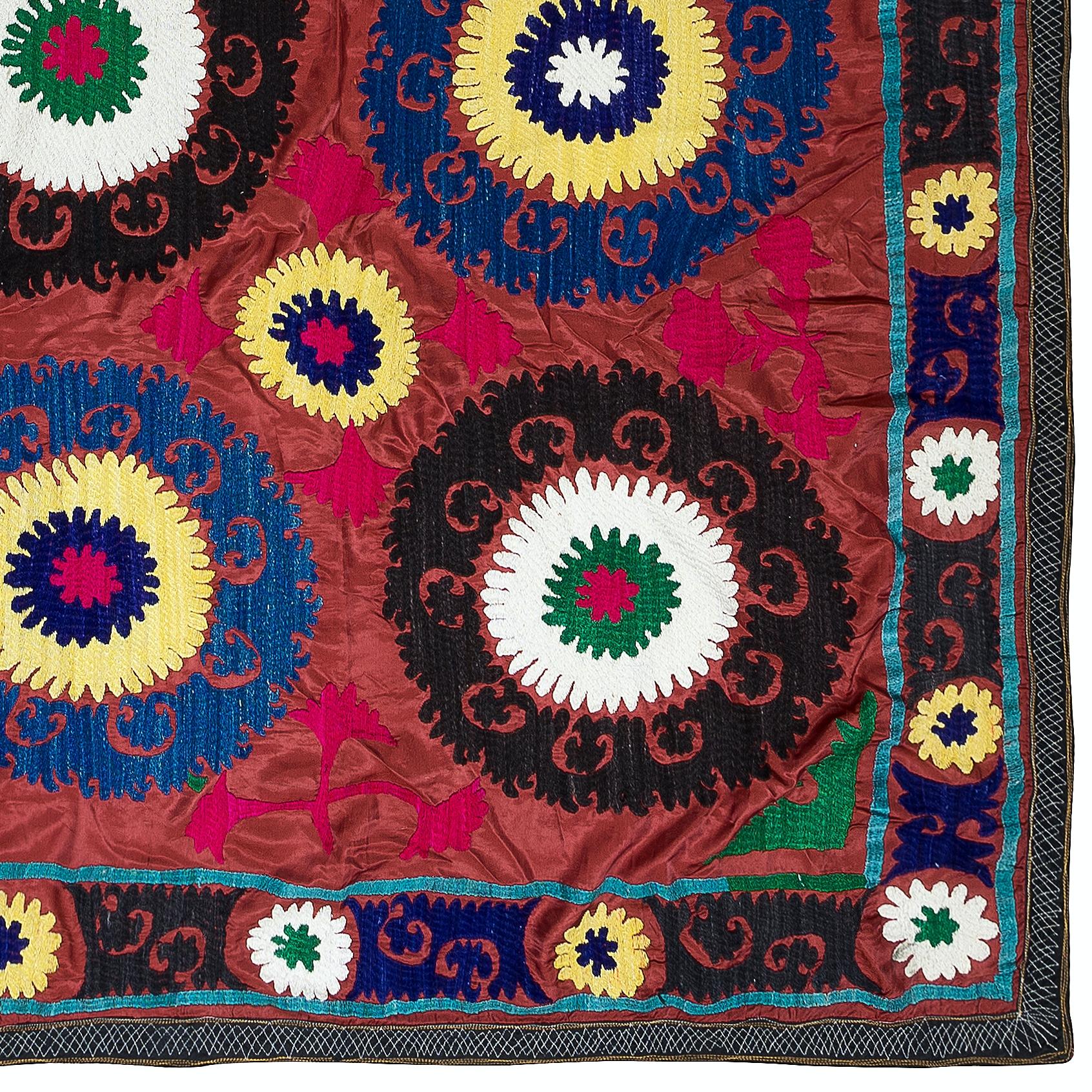 Uzbek 4.6x8.7 Ft Silk Embroidery Bed Cover, 1980s Suzani Wall Hanging, Colorful Throw For Sale