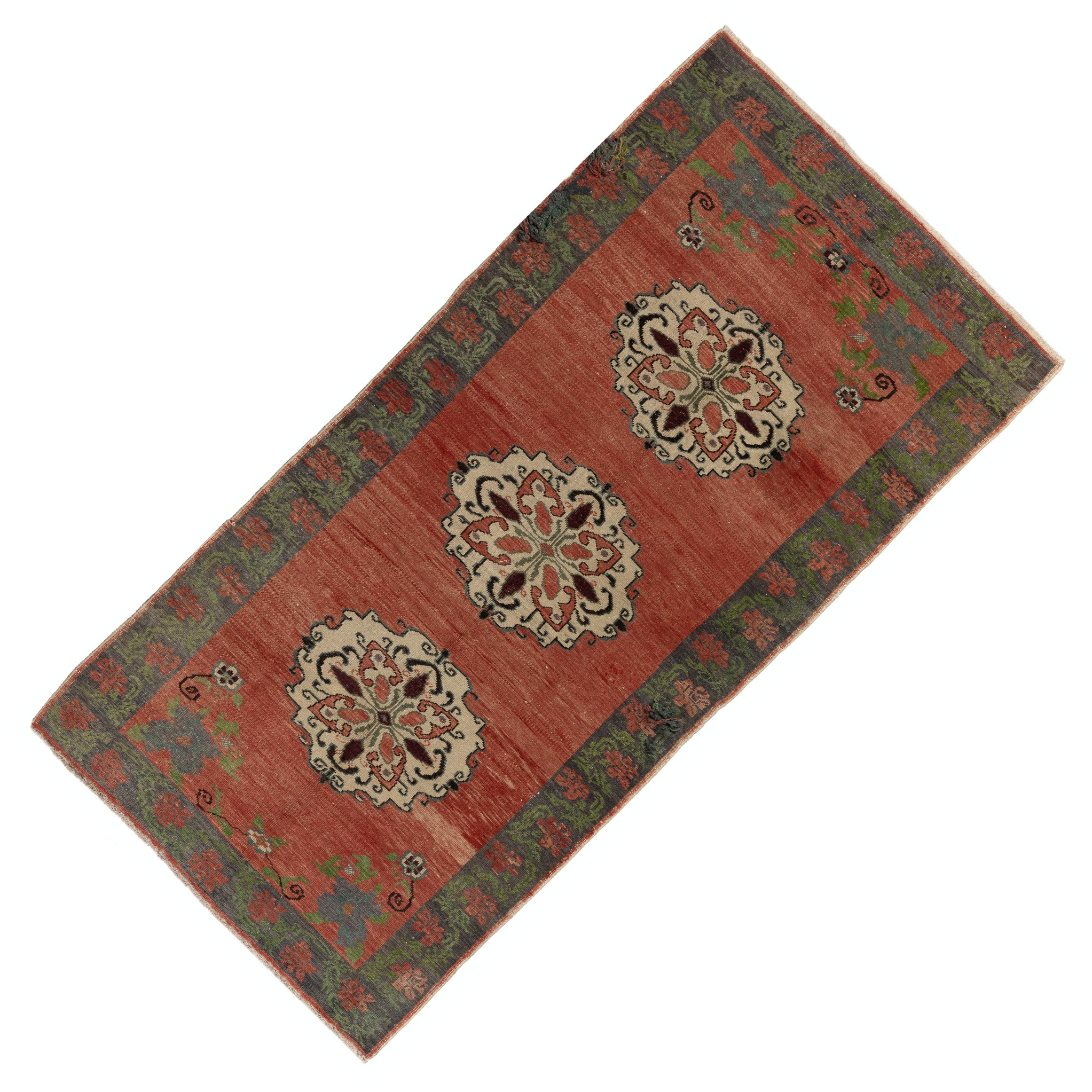 Hand-Knotted 3.7x12.5 Ft Vintage Turkish Karapinar Wool Runner Rug in Red, Green, Beige, Grey For Sale