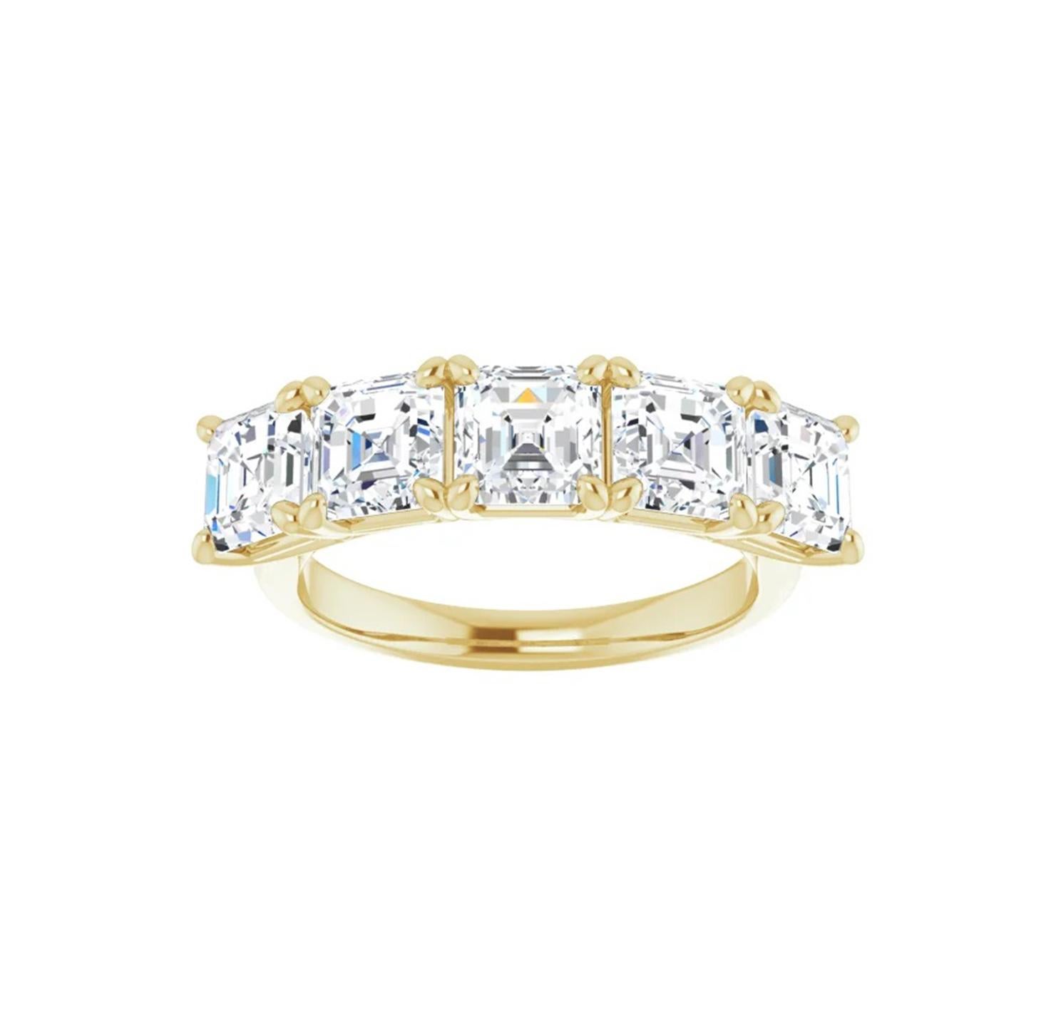 This diamond band has five stunning Asscher diamonds that each measure between 5 to 5.5 mm each and have a color and clarity ranging between G-E and a clarity of VS.  Each Asscher cut diamond is set in a four prong head.  This style of ring has a