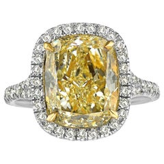 4.7 Carat Cushion Halo Diamond Ring Fancy Yellow 14K White Gold