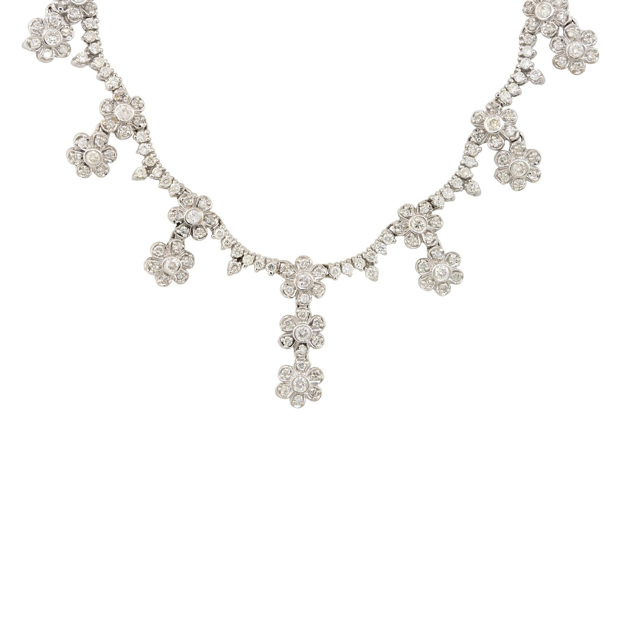 Round Cut 4.7 Carat Diamond Multi-Flower Drop Scallop Necklace 14 Karat In Stock For Sale