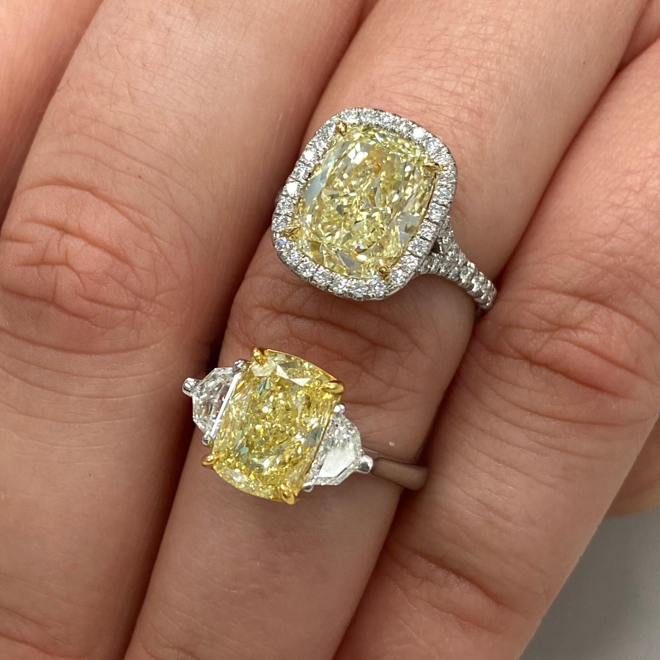 4.7 Carat Light Yellow Cushion Halo Diamond Ring In New Condition For Sale In New York, NY