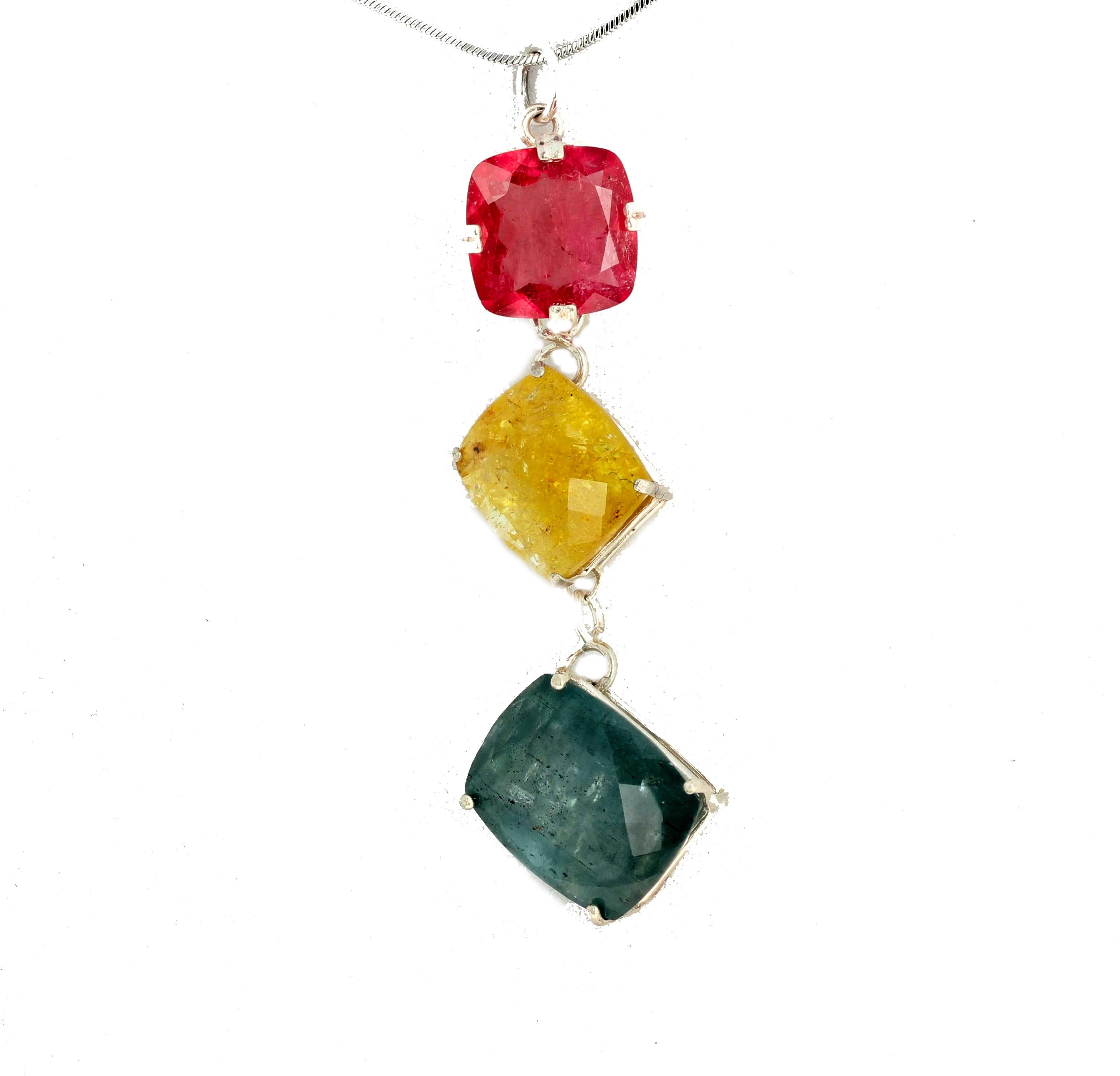 Superbe pendentif en argent AJD avec 47 carats de tourmaline rose pêche, jaune, bleu-vert en vente 1