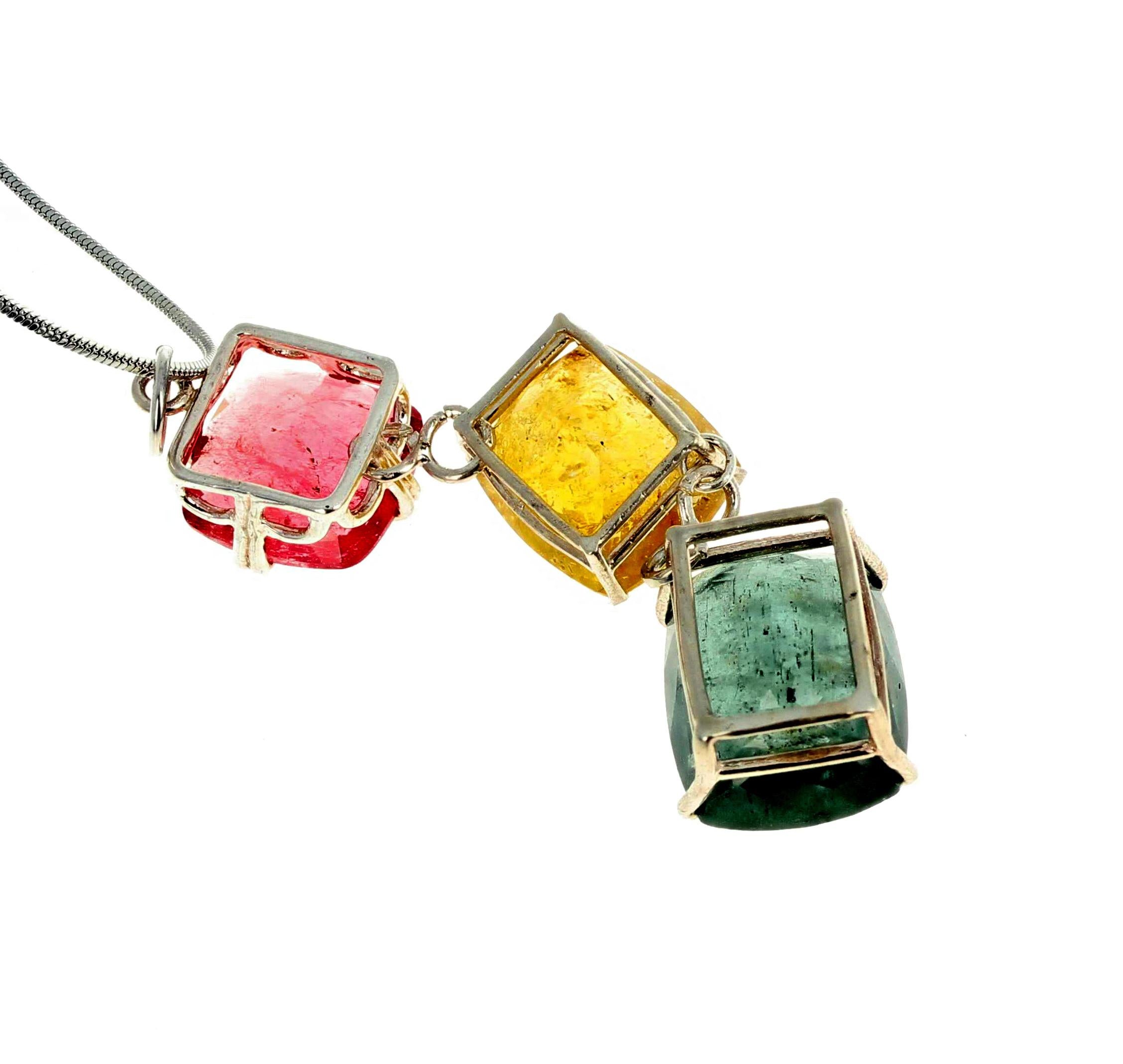 AJD Stunning 47 Cts of Peachy Pink, Yellow, Bluegreen Tourmaline Silver Pendant For Sale 1