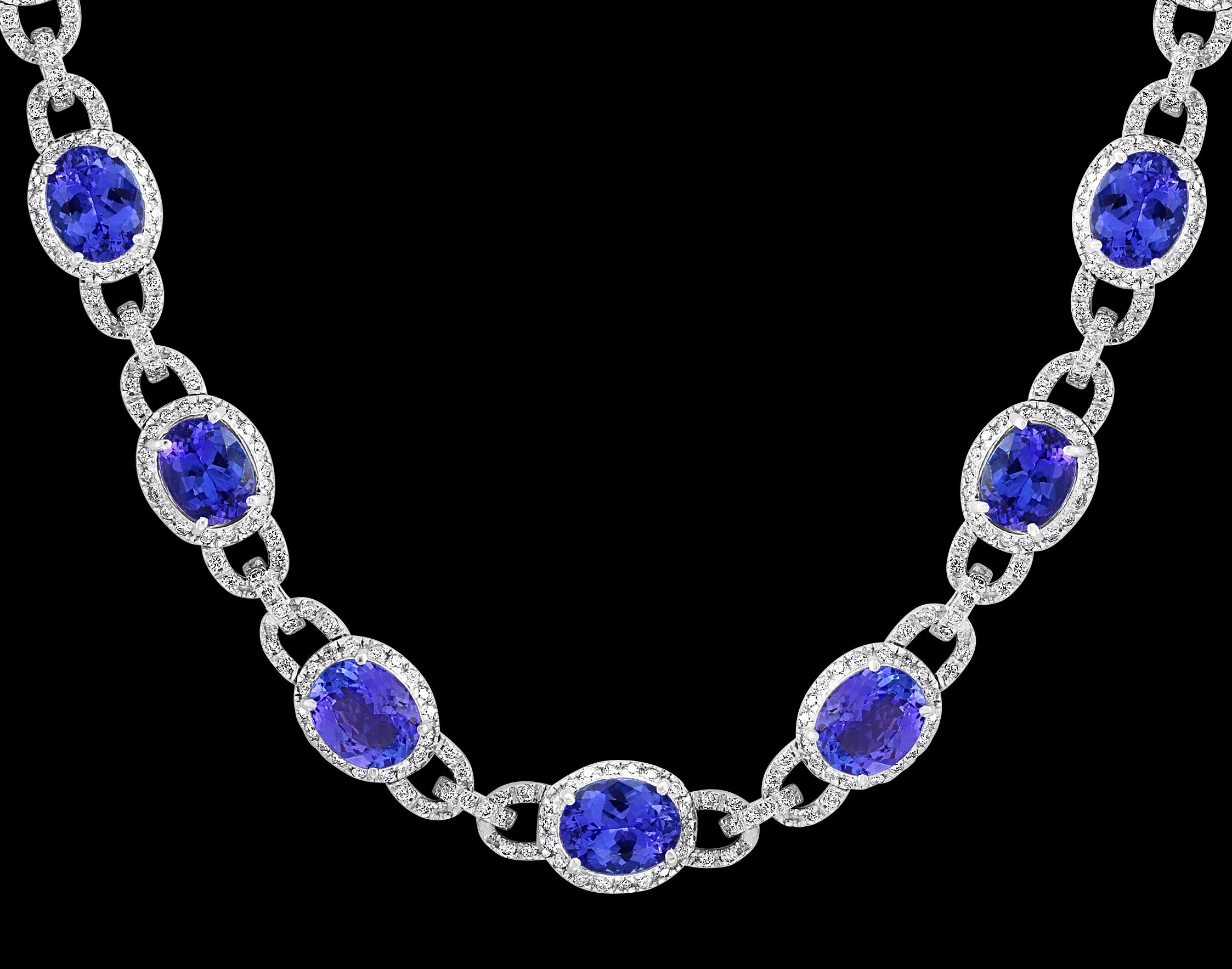 This extraordinary Necklace is consist of 19 Fine oval Tanzanite  weighing approximately 
 47 Carats. There are  total  of  approximately 8.5 carats of shimmering white diamonds, 
The clear, intense hue of this tanzanite is the most coveted of all