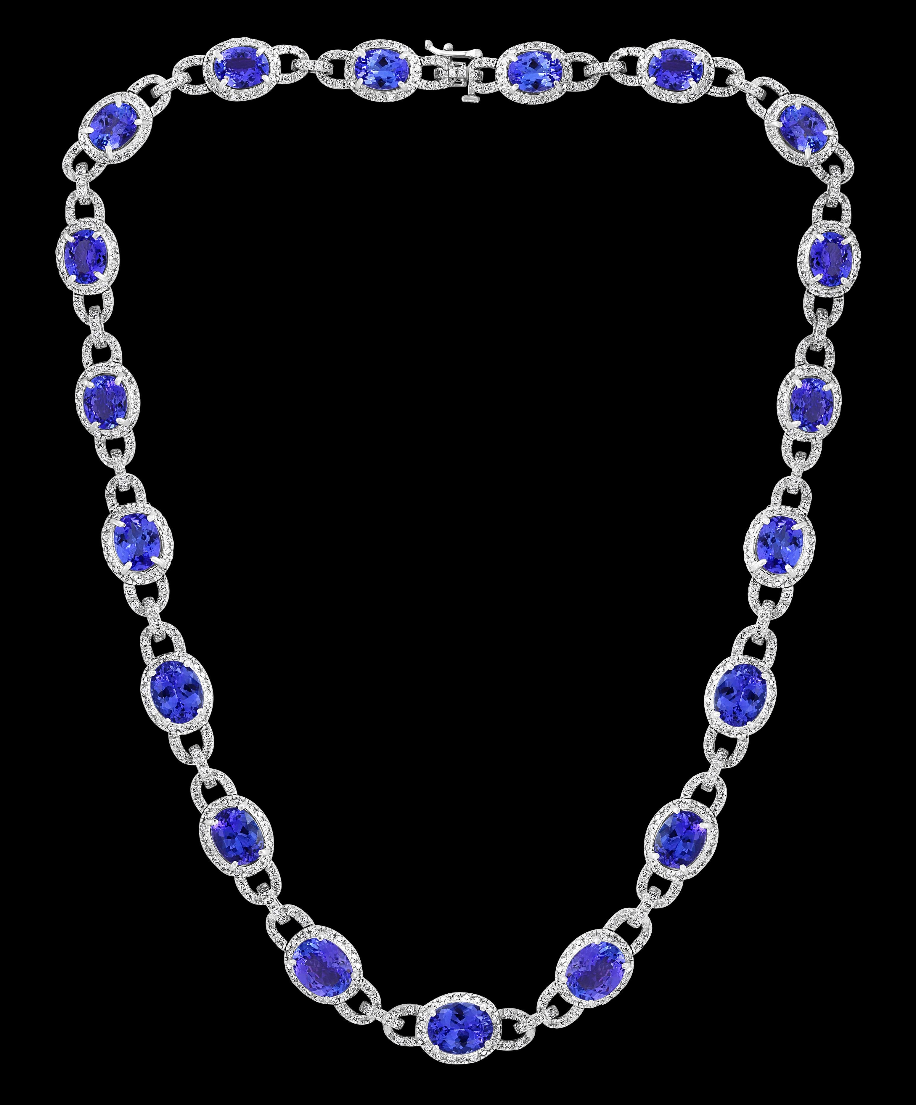 Oval Cut 47 Carat Oval Tanzanite and 8 Carat Diamonds Necklace 18 Karat White Gold Estate For Sale